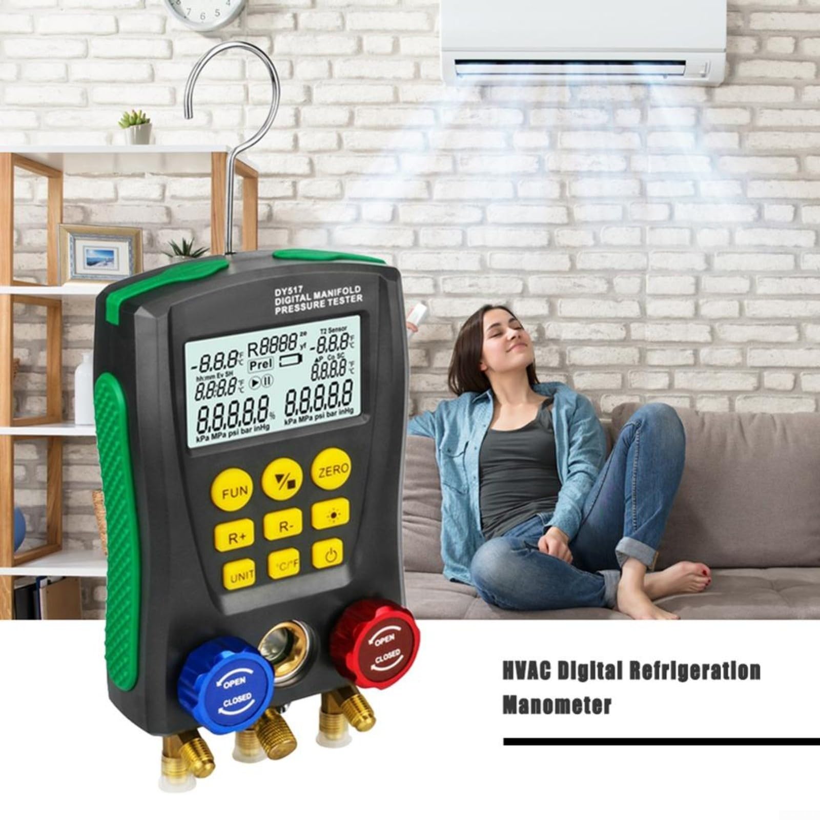 Manometro digitale per refrigerante DY517, con tester sottovuoto per R134a, R22, R12, R502, misuratore di pressione HVAC con display LCD e 60 refrigeranti (A)