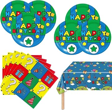 41Pcs Cartoon Party Decorations Super Brother Baby Shower Tableware Set Cartoon Game Birthday Plates and Napkins Supplies Super Bro Birthday Party Decorations