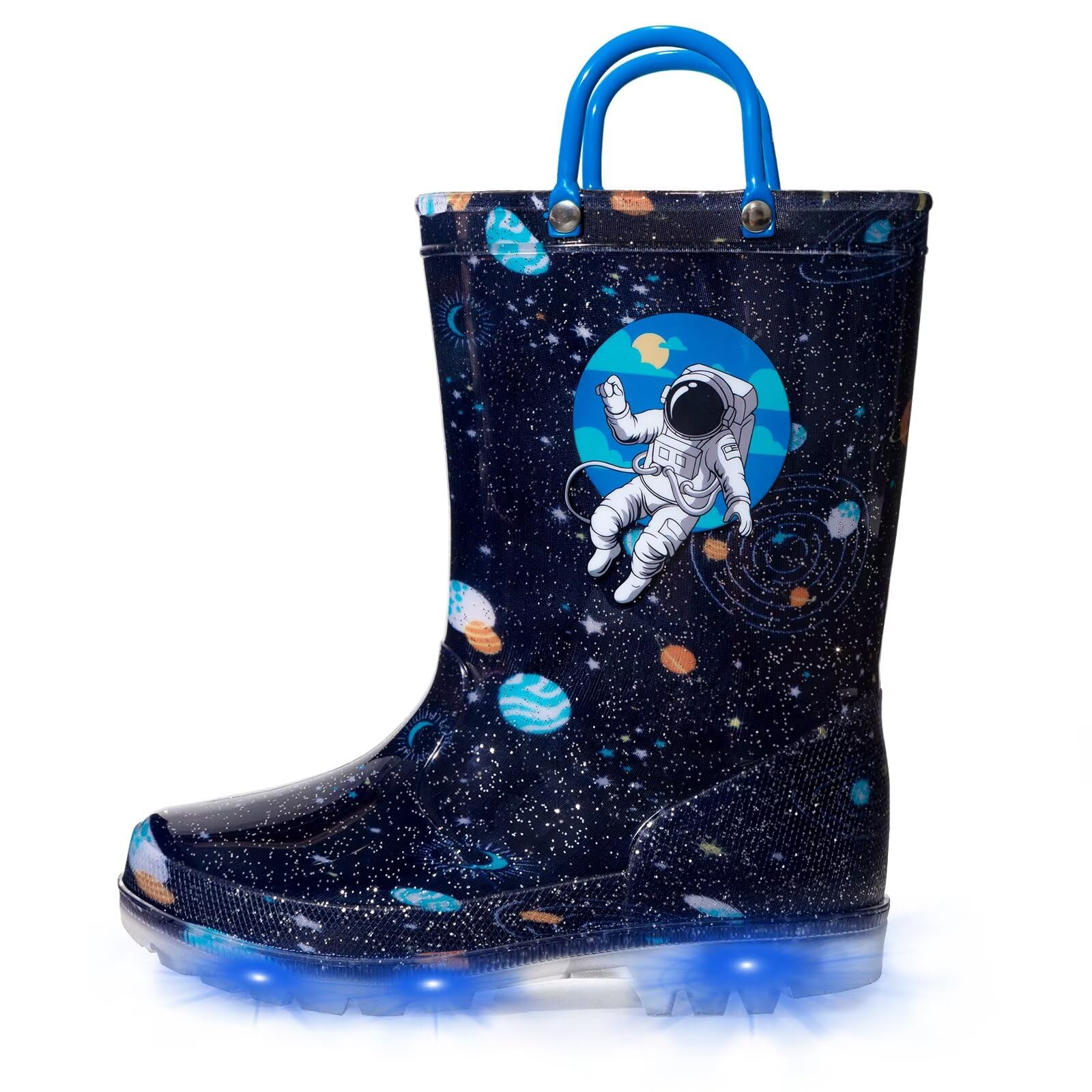 EUXTERPA Kids Toddler Light Up Rain Boots Boys Girls Waterproof Patterns and Glitter Boots with Easy On Handles