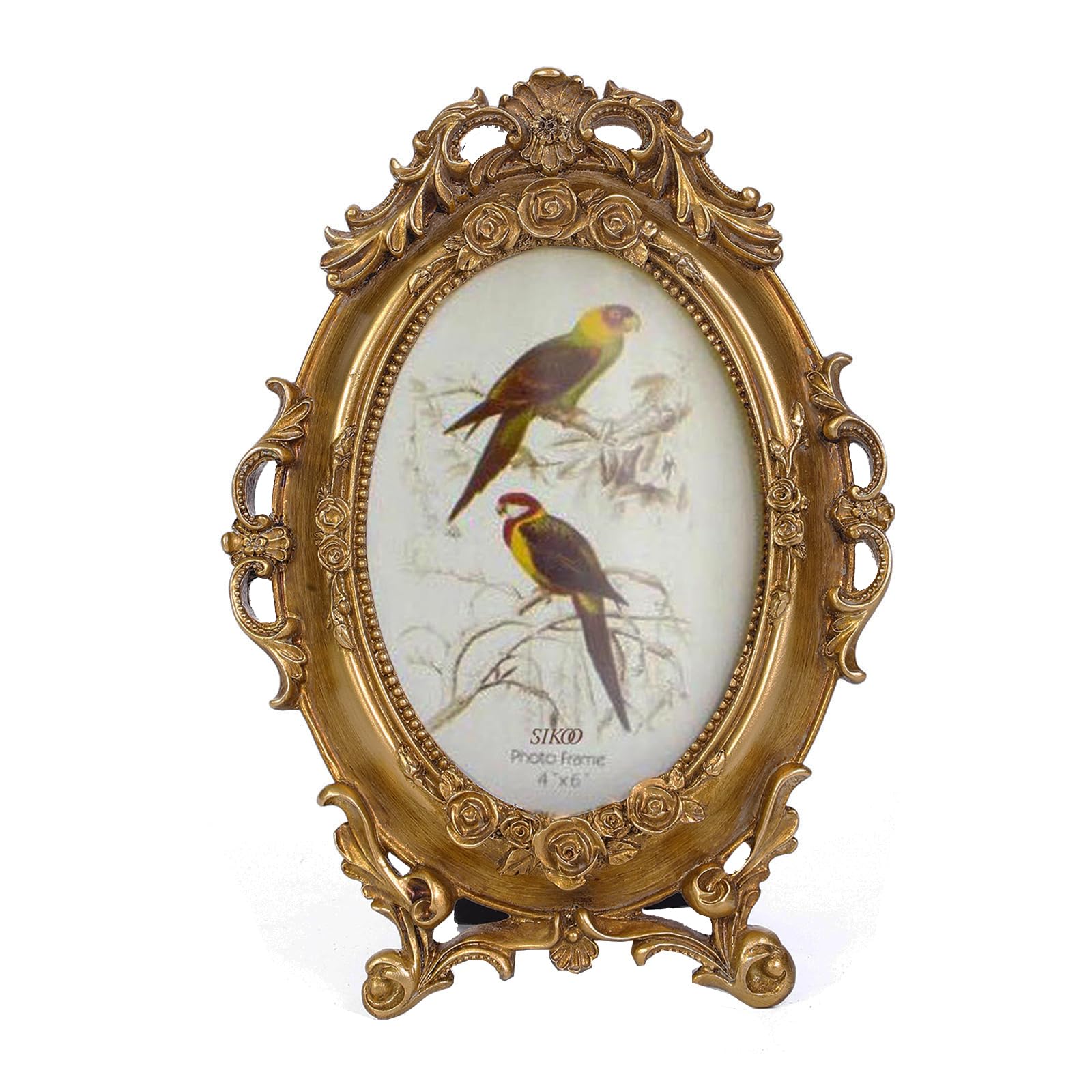 SIKOO Vintage Picture Frame 4x6 Oval Antique Table Top Wall Hanging Photo Frame with Glass Front for Home Decor, Gold