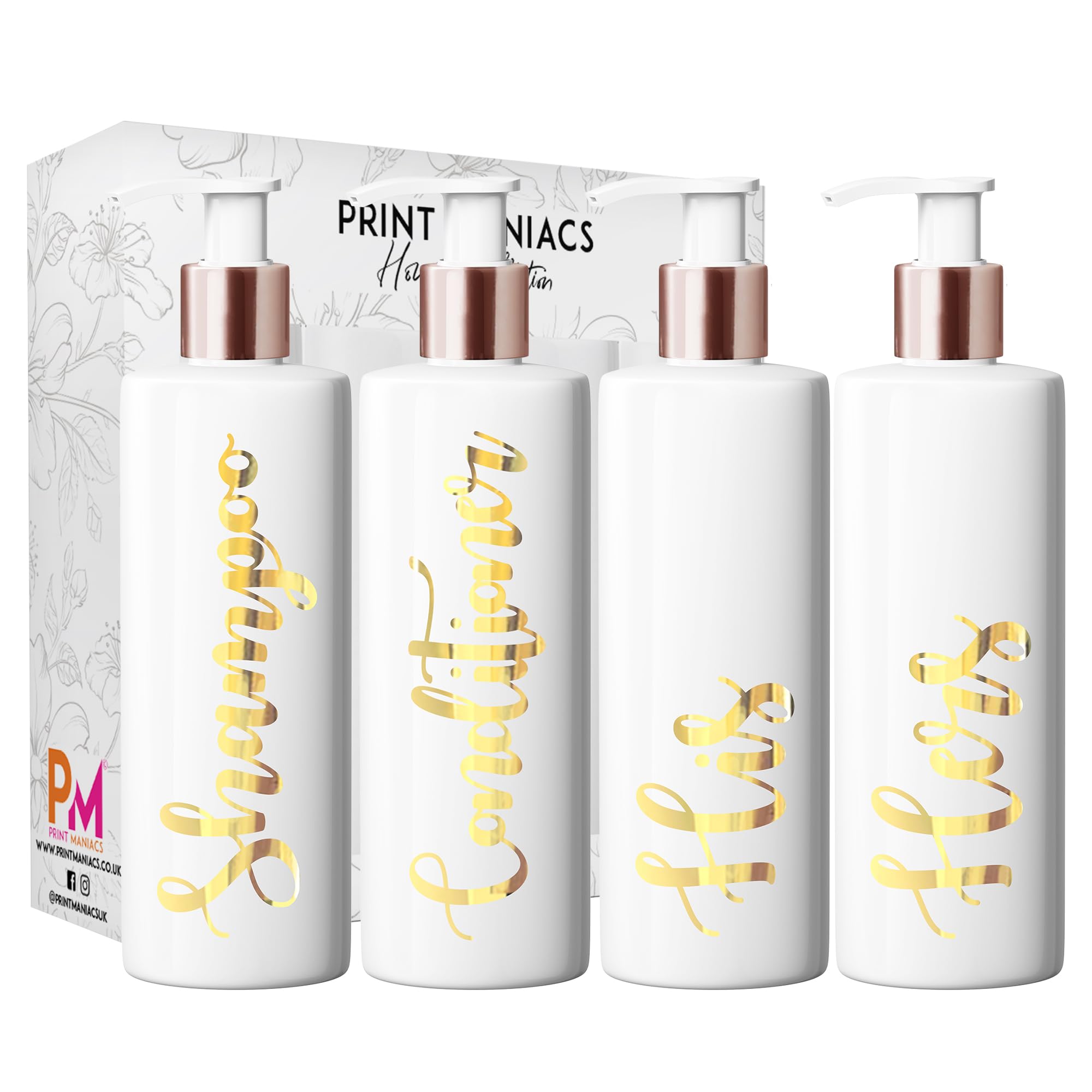 Print Maniacs White Mrs Hinch Inspired Personalised 500ml Bottles Bathroom Lotion Kitchen Shampoo Conditioner Rose Gold Pump (Set 4 His Hers) (Gold)