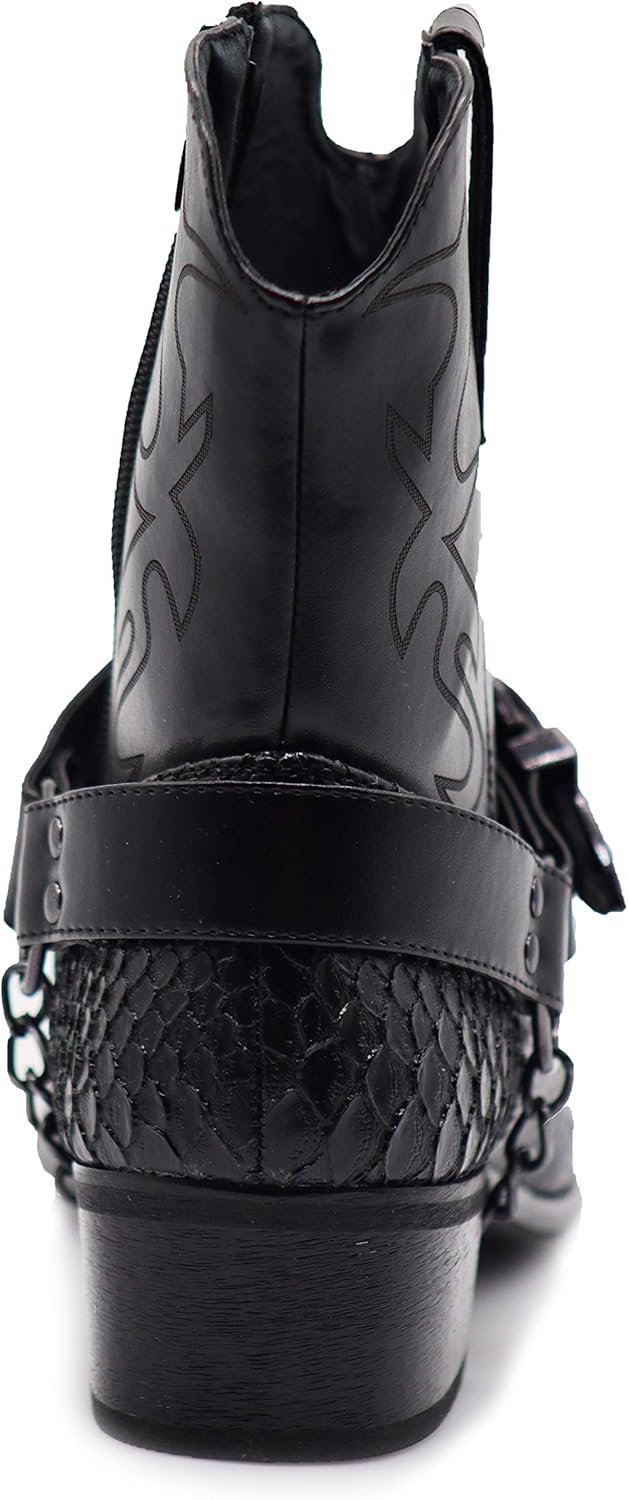 Men's Crocodile Prints Western Cowboy Boots with Side Zipper, Belt Buckle and Metal Chain