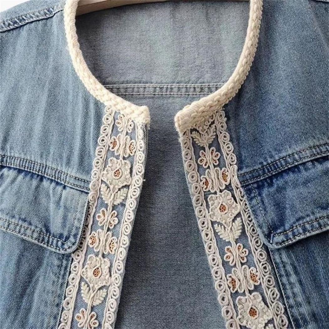 レディース クロシェ レース パッチワーク デニムベスト 夏 ノースリーブ カウボーイジャケット カジュアル ファッション