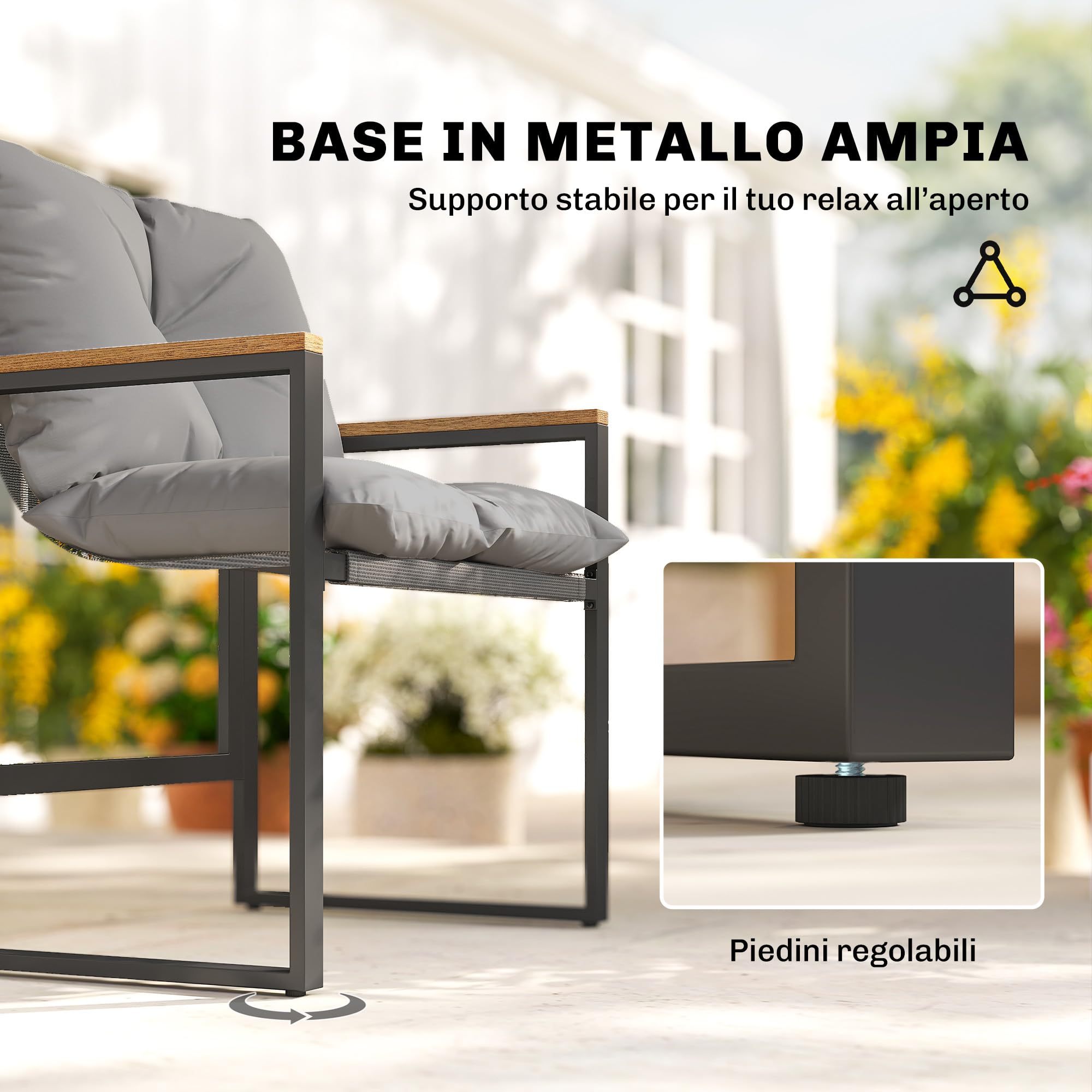 Outsunny Set da Bistrò da 3 Pezzi, Set da Giardino con 2 Sedie Texteline, Tavolo Vetro Temperato, Cuscini Spessi, Braccioli Decorativi, Set di Mobili da Giardino in Metallo, per Patio Balcone, Grigio