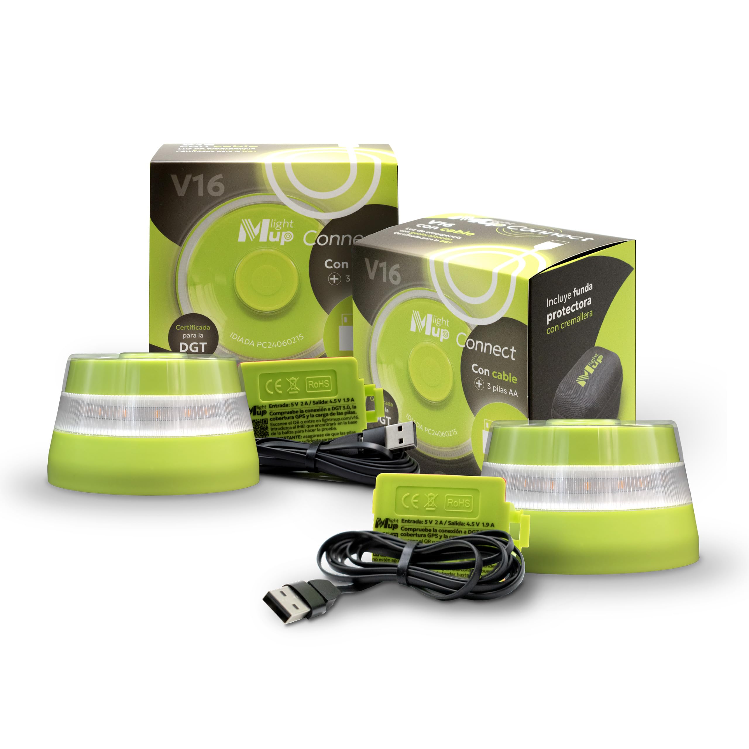 CONNECT Beacon V16 + DGT 3.0 Approved Cable - Includes Batteries - IoT Geolocation - Emergency Light Connected - Mandatory Signal in 2026 - Data Telefónica Tech up to 2038 (Pack of 2)