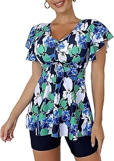 Traje de baño tankini para mujer con mangas, modesto, traje de baño de dos piezas, control de abdomen, estampado floral, tops y pantalones cortos