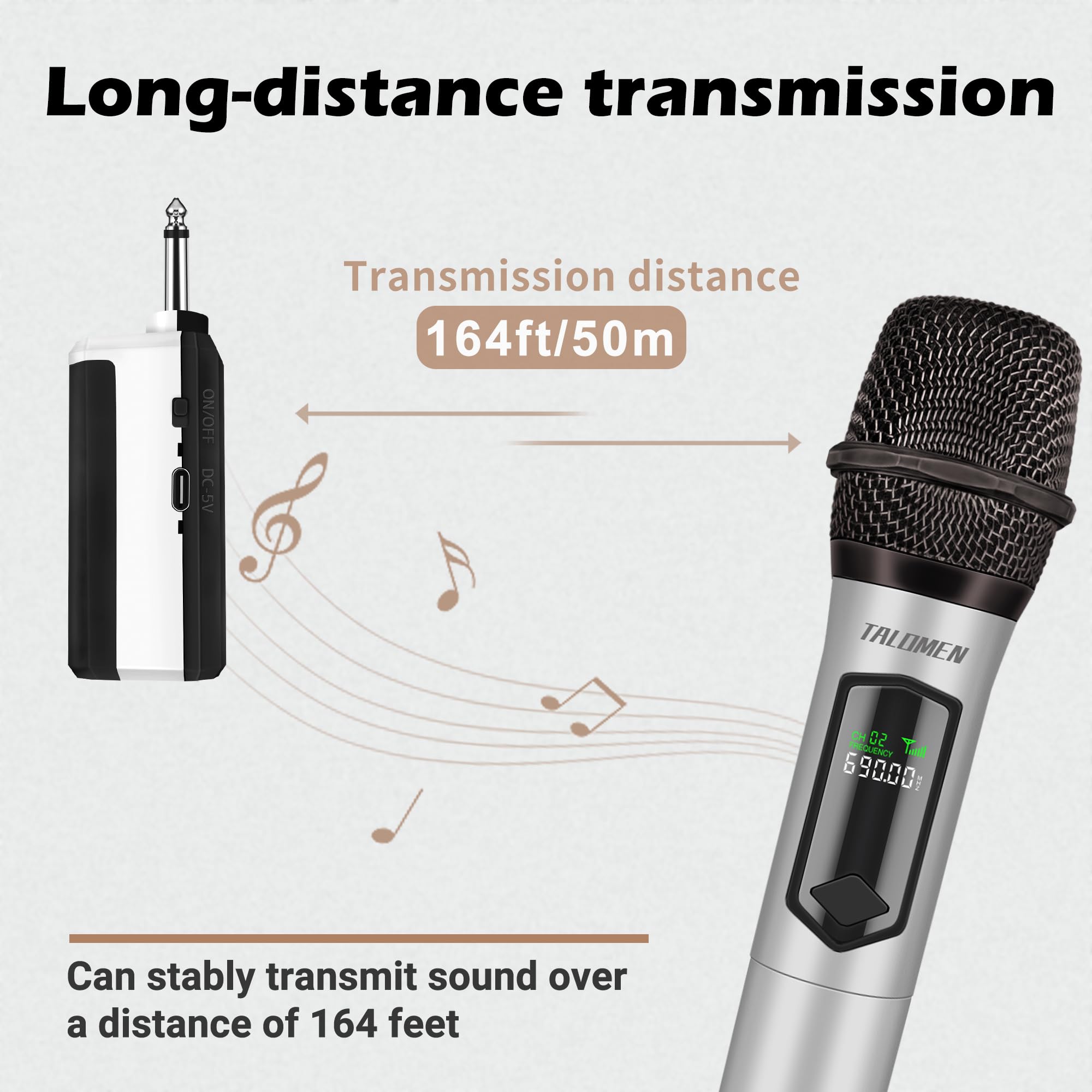 talomen Microphone sans Fil Professionnel,système de Microphone à 2.4 GHz Karaoké Dynamique Rechargeable avec Récepteur,160ft Ext,pour Karaoké,Chants,Fêtes,Soirées,DJ,Églises,Discours,K60-1 Argent
