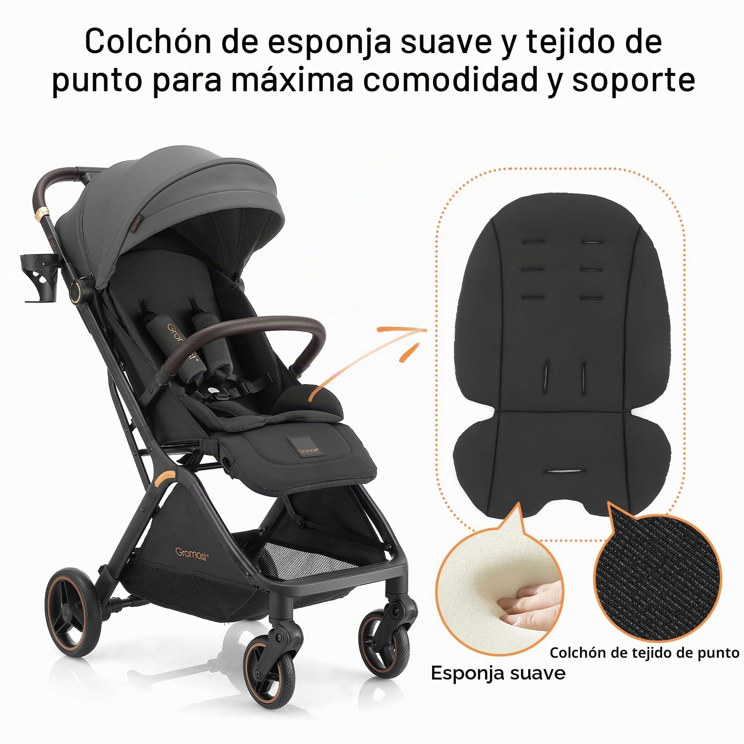 Gromast Cochecito de bebé plegable Gravity, cochecito de viaje portátil con respaldo ajustable y toldo, ligero y protegido contra los rayos UV, plegable automáticamente con una mano, Gris