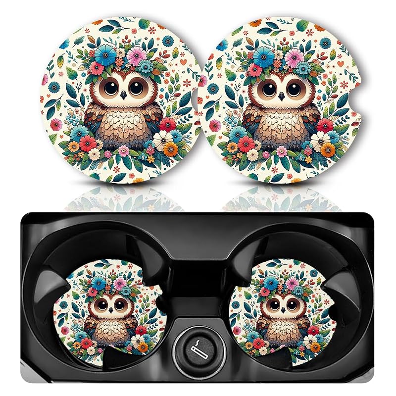 Porta-Copos para Carro Yonlevres com Estampa Coruja Floral, Borracha Antiderrapante, 7 cm, Kit com 2