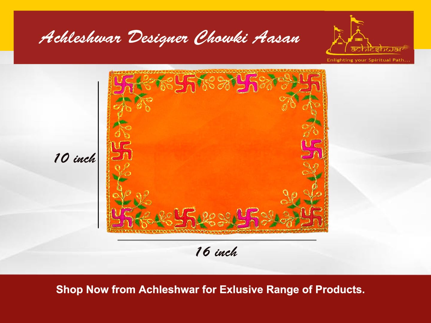Achleshwar Designer Velvet Embroidered Pooja Aasan Cloth 10x16 inch Orange | Chowki Aasan for God Idol | Mandir Table Altar Cover for Temple, Puja Shelf, Diwali Decoration Pack 0f 2 1