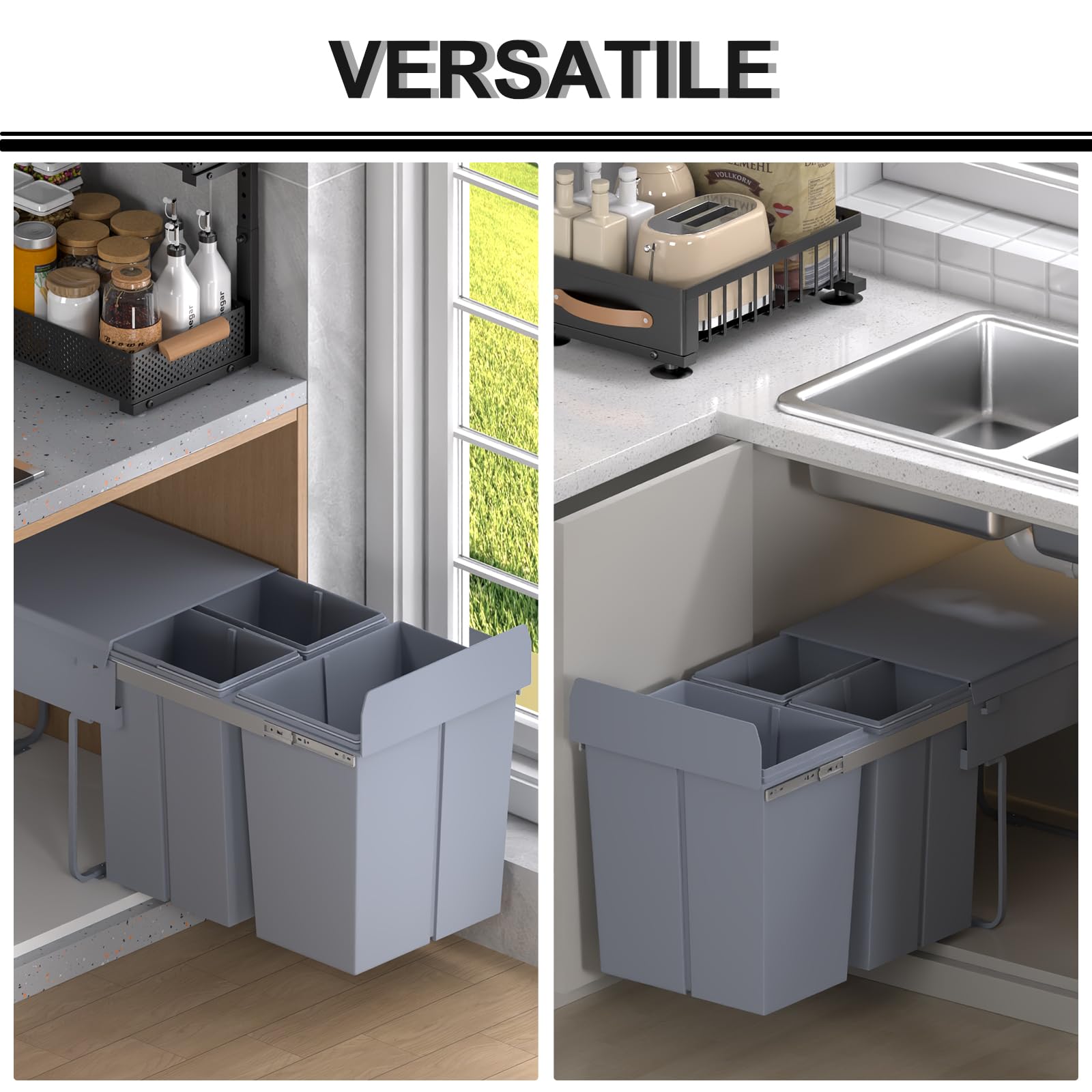 HOMCOM Pattumiera Estraibile da 40L con 3 Contenitori per Raccolta Differenziata, Cestino Spazzatura in Acciaio, ABS e PP, 48x34.2x41.8 cm, Grigio