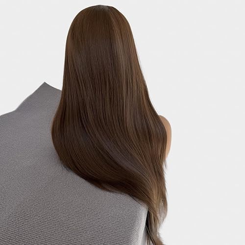 Miniatura 4 de Pelo sintético largo natural marrón claro fibra segura pelo T-parte encaje frente pelucas 26 pulgadas cabeza completa