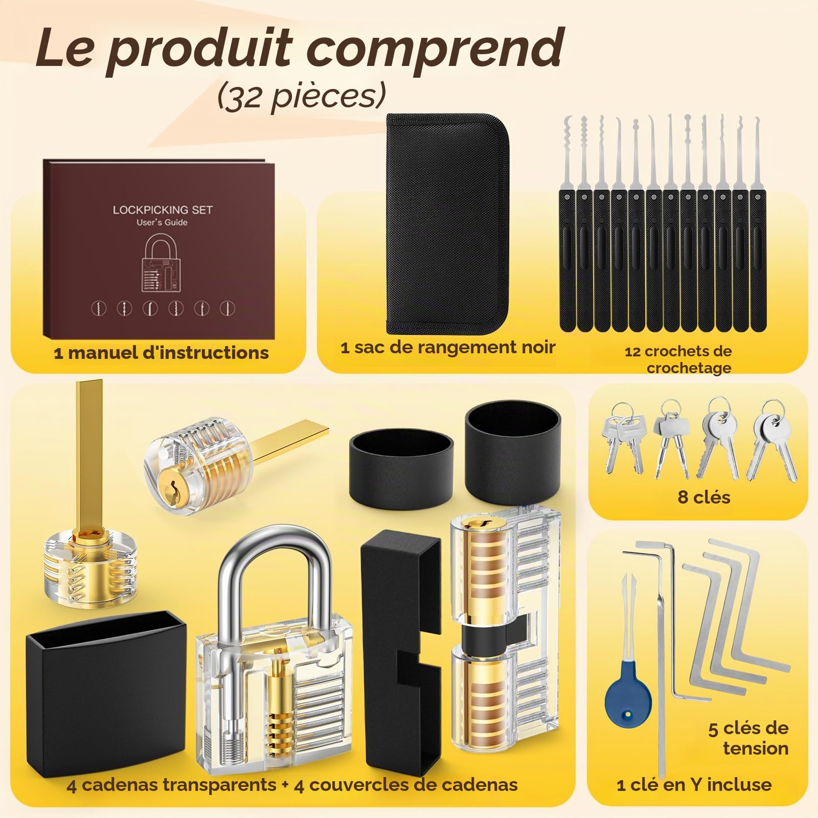 IPSXP Kit de Crochetage Serrure 32 Pièces, Kit De Lock Picking avec 4 Serrures, Outils D’ entraînement Transparents Cadenas avec Housse de Transport pour Serruriers Débutants et Professionnels