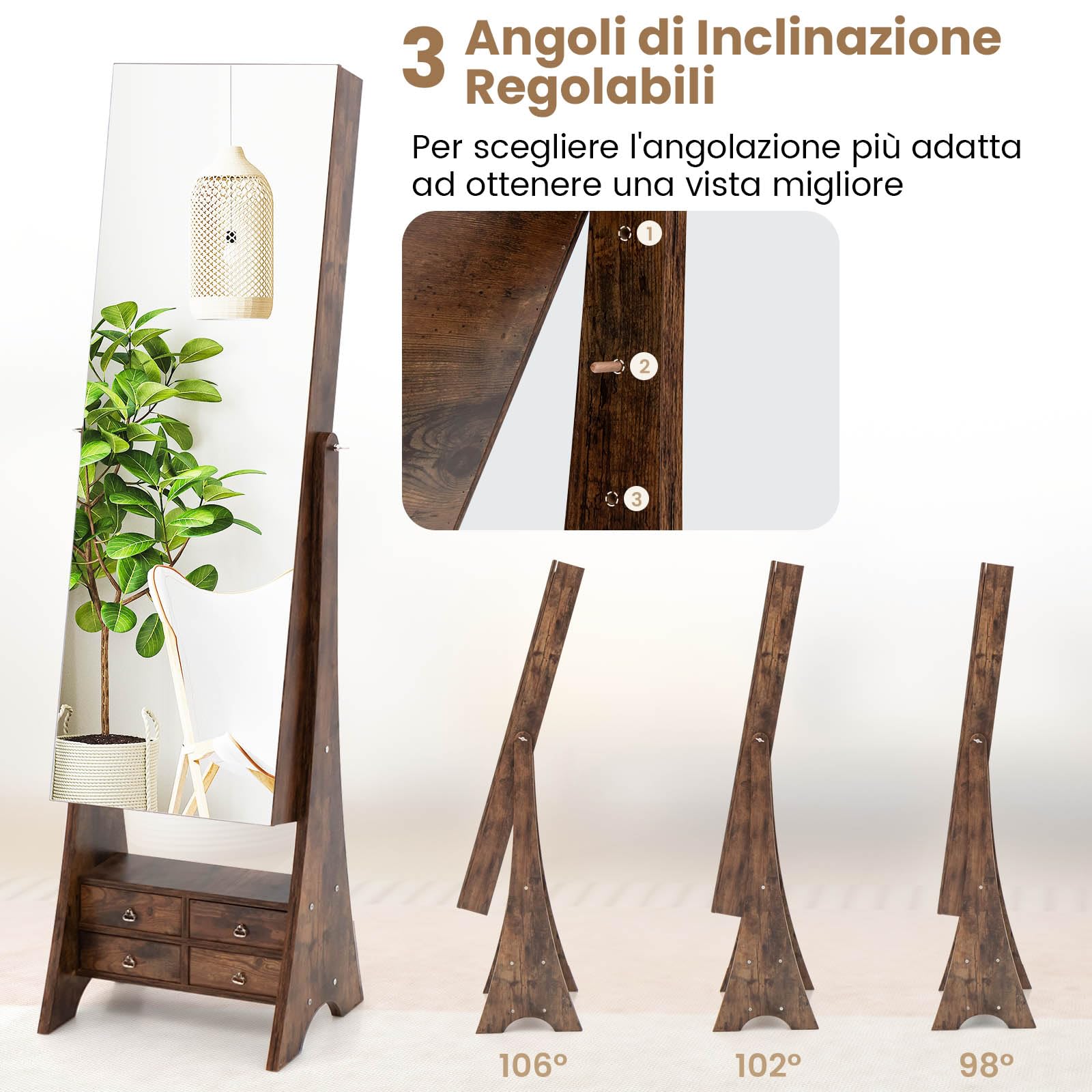 RELAX4LIFE Specchio Portagioie da Terra, Armadietto Portagioie con Specchio a Figura Intera, Luci LED e 4 Ruote con Freno per Camera da Letto (Noce)