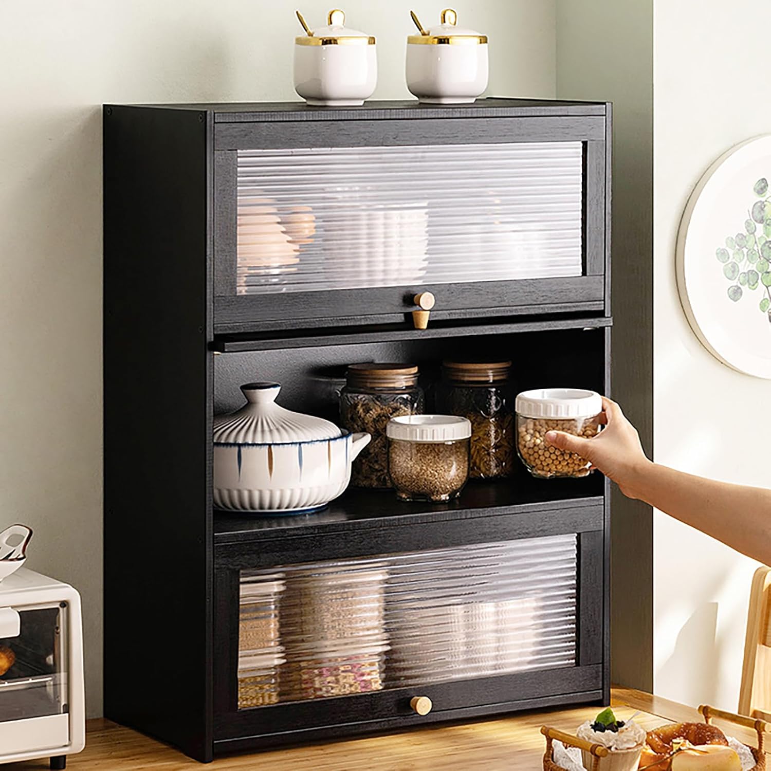 3-Tier Bamboo Kitchen Storage Cabinet, Countertop Pantry Sideboard with Clear Flip-Up Door, Organizer for Bowls, Cups, Bottles & Seasonings - Stylish Black Design