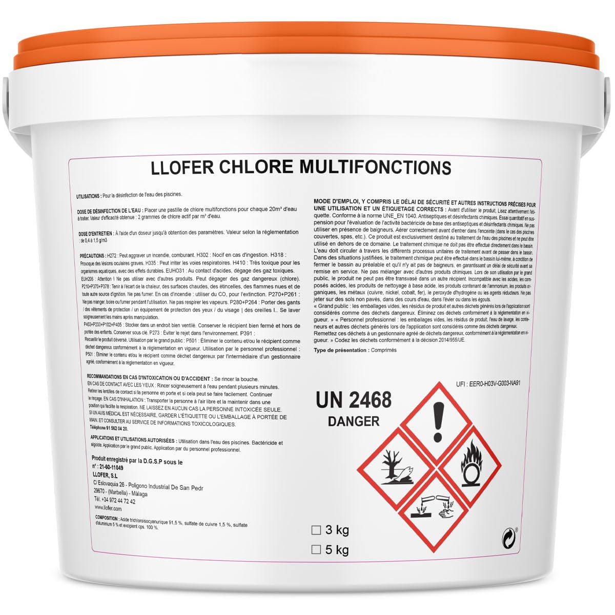Pack Chlore Multifonction Piscine 7 Actions 5 kg + Thermomètre Piscine Inclus - Galets 250 g - 92% Chlore Actif - Désinfection Longue Durée - Fabriqué en Europe