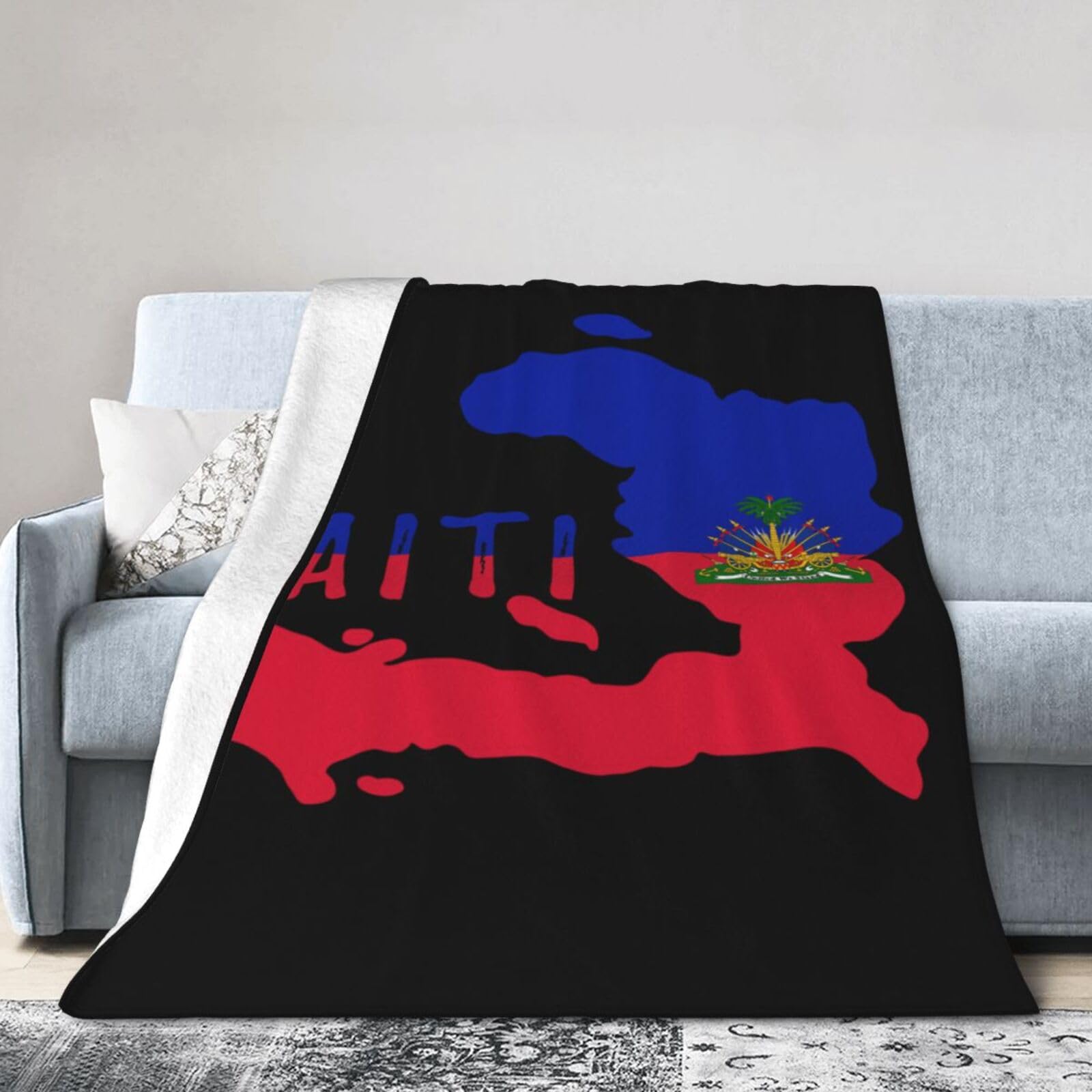 Throw Blankets Haiti Map Flag Flannel Blanket Soft Throw Blanket for Couch, Bed, Sofa Living Room Decor Blanket Black 40"X30"