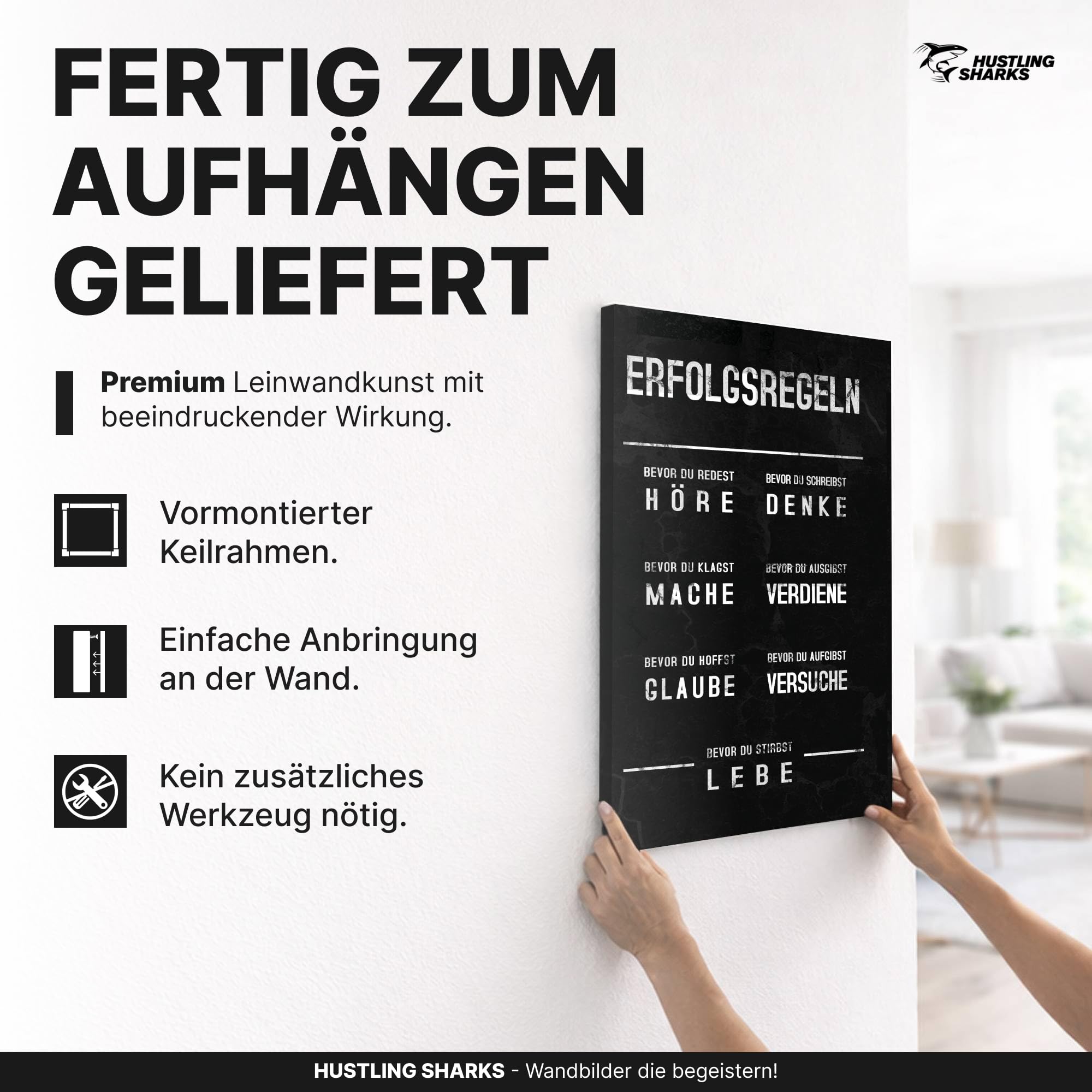 Hustling Sharks® Motivationsbild „Erfolgsregeln“ – Leinwand 40 × 60 cm | XXL Motivationsbild im Hochformat, Bilder Büro, Erfolg Bild, Bilder Spruch, Wanddeko Büro, Bilder Motivation
