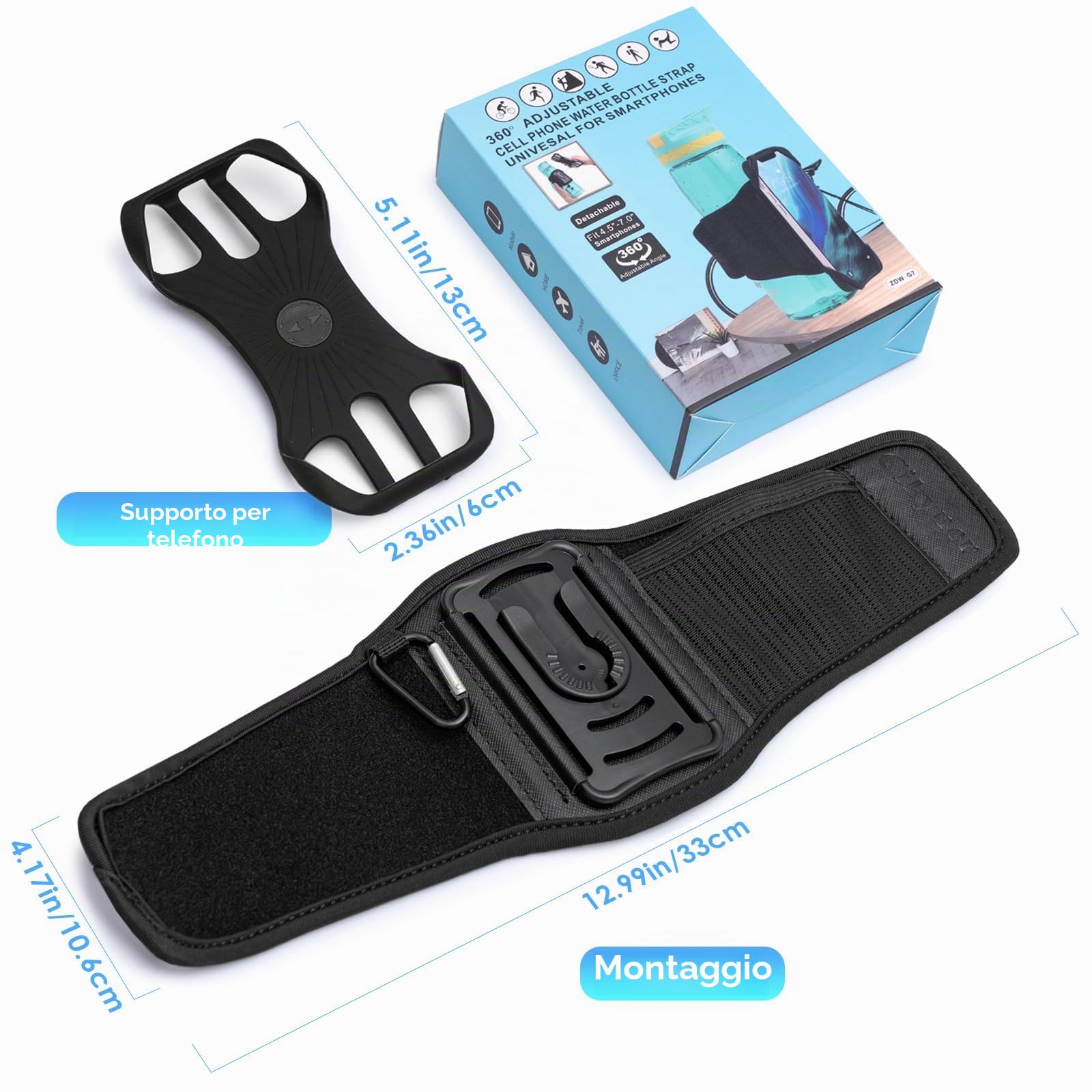 Cikyner Cinghia per Bottiglia d'Acqua, Porta Bottiglia d'Acqua per Telefono Cellulare, Accessori da Palestra Rimovibili e Girevoli a 360° per Telefono da 4,5-7'' e Bottiglie da Diametri 5-9cm