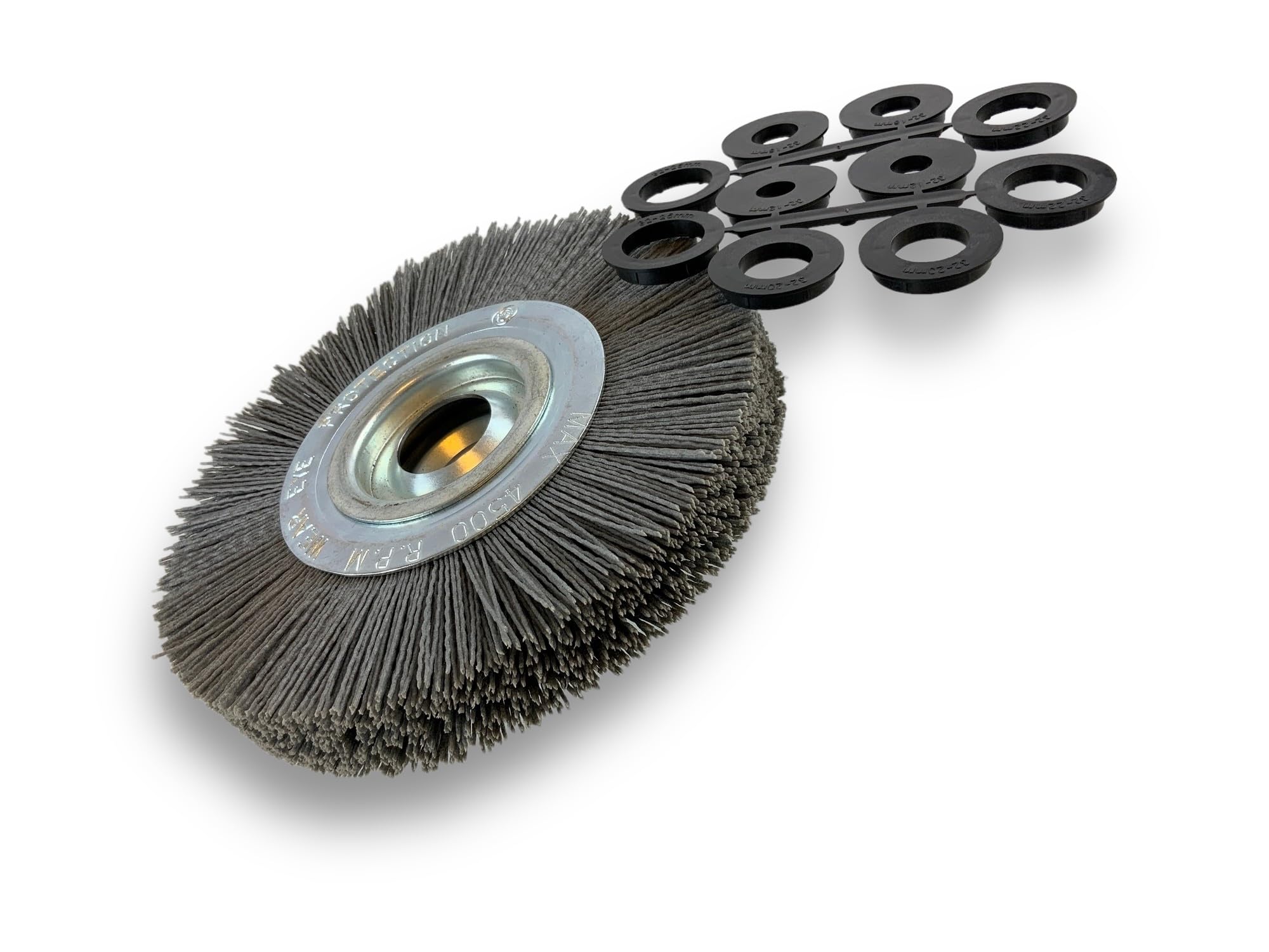 Brosse circulaire NYLON Abrasif | Ø 200 mm | Epaisseur 2 rangs | Carbure de silicium Grain 120 | Alésage 32 mm + réducteur bague 25/22/20/16/12 mm | Touret meuleuse ponceuse | Kibros 238202KR_120