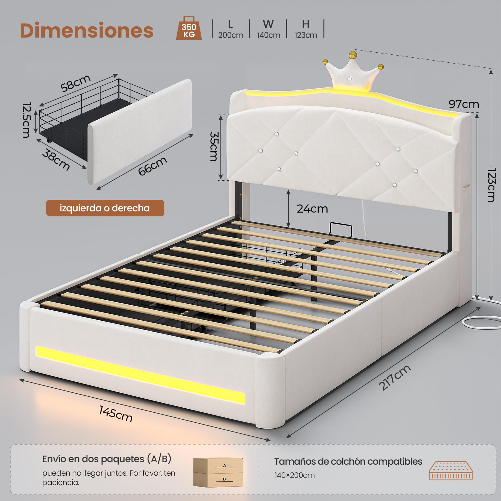 AOGLLATI Cama Juvenil 140x190cm, Cama Princesa, Camas Matrimoniales, Bianco | 2 Cajones de Almacenaje, Iluminación LED, Estación de Carga, Cabecero Tapizado, Bordes Redondeados, Modo música, Terciopelo