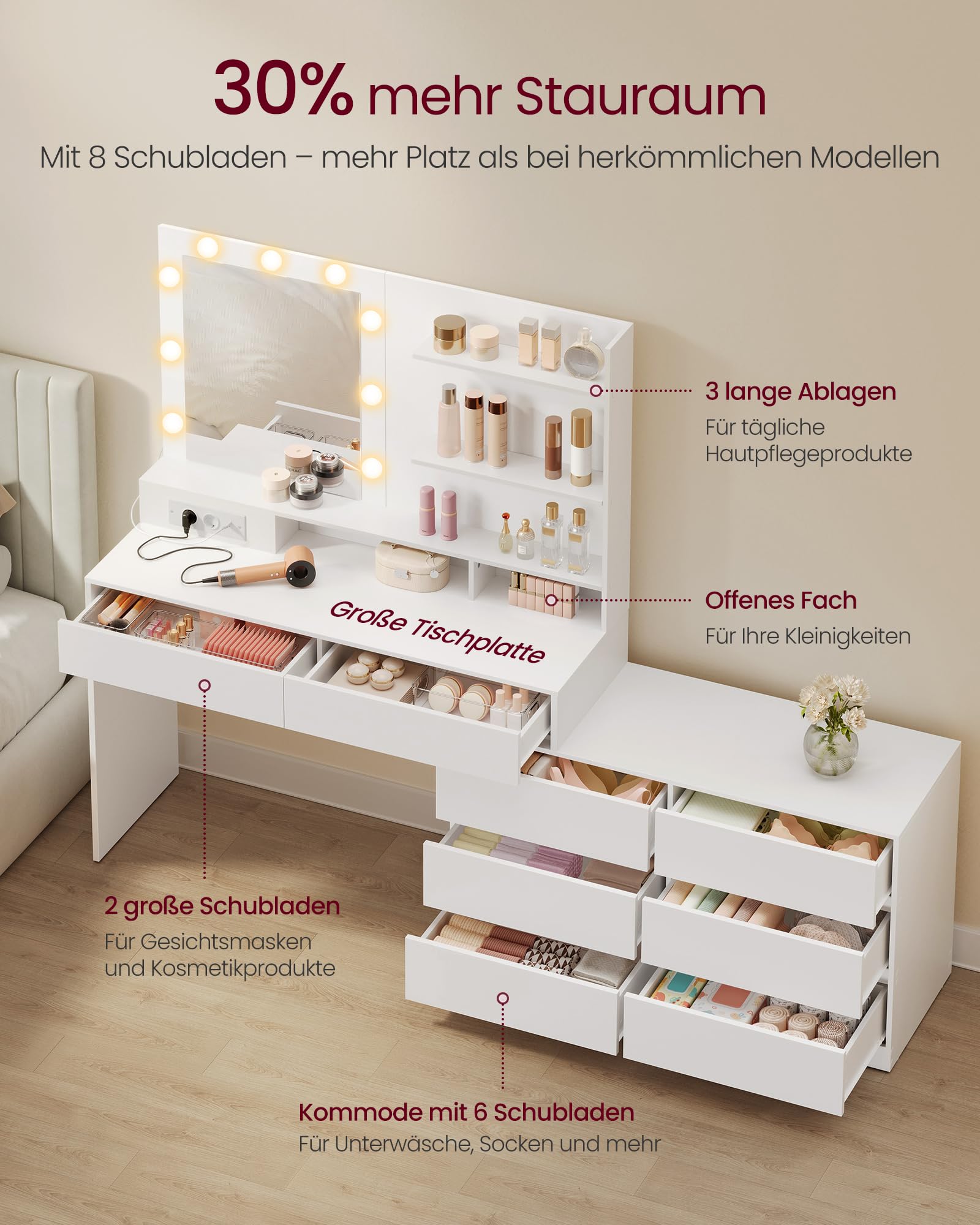 VASAGLE Kailyn Kollektion - Schminktisch mit Spiegel und LED-Beleuchtung, Frisiertisch 9 Glühbirnen, 8 Schubladen, 3 Ablagen, 3 Lichtfarben, gerade oder L-förmig, wolkenweiß RDT140WB01