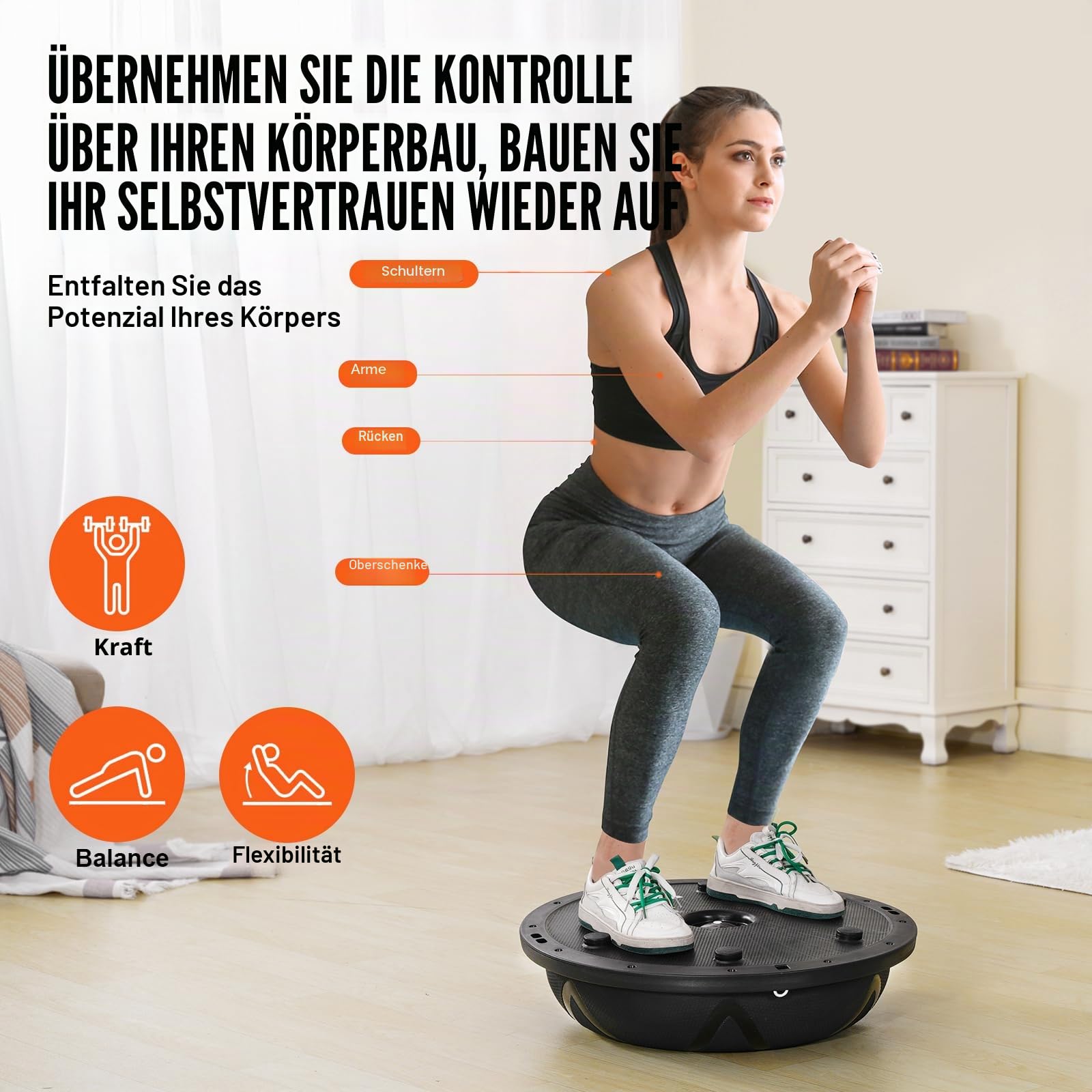 VEVOR Halb-Gymnastikball-Trainer, 58 cm Balance Ball Trainer, 300 kg, Yoga-Ball mit Widerstandsbändern und Pumpe, Kraft-Fitnessball für das Heim-Fitnessstudio, Ganzkörpertraining, Schwarz