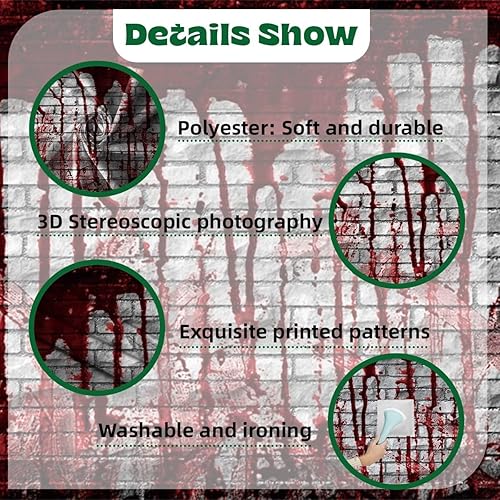 Miniatura 4 de Telón de fondo de pared de ladrillo sangriento de 7 x 5 pies, para Halloween, diseño de salpicaduras de color rojo aterrador, fondo de sangre de