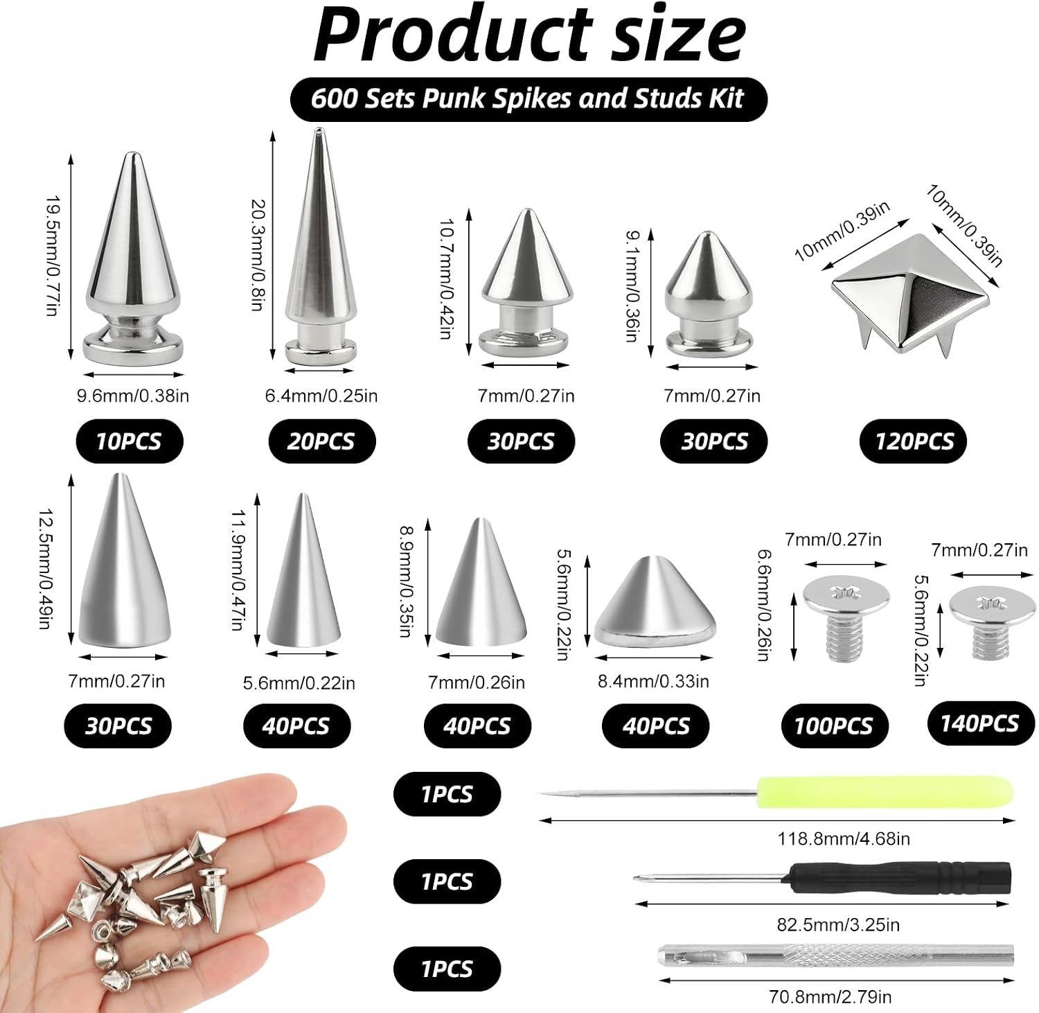 600 Sets Punk Studs and Spikes Kit, 8 Size Cone Spikes with Screws and Square Pyramid Stud Rivets, Metal Tree Spikes Studs for Leathercraft and Punk Style Clothing Belt Dog Collar DIY Craft Decoration
