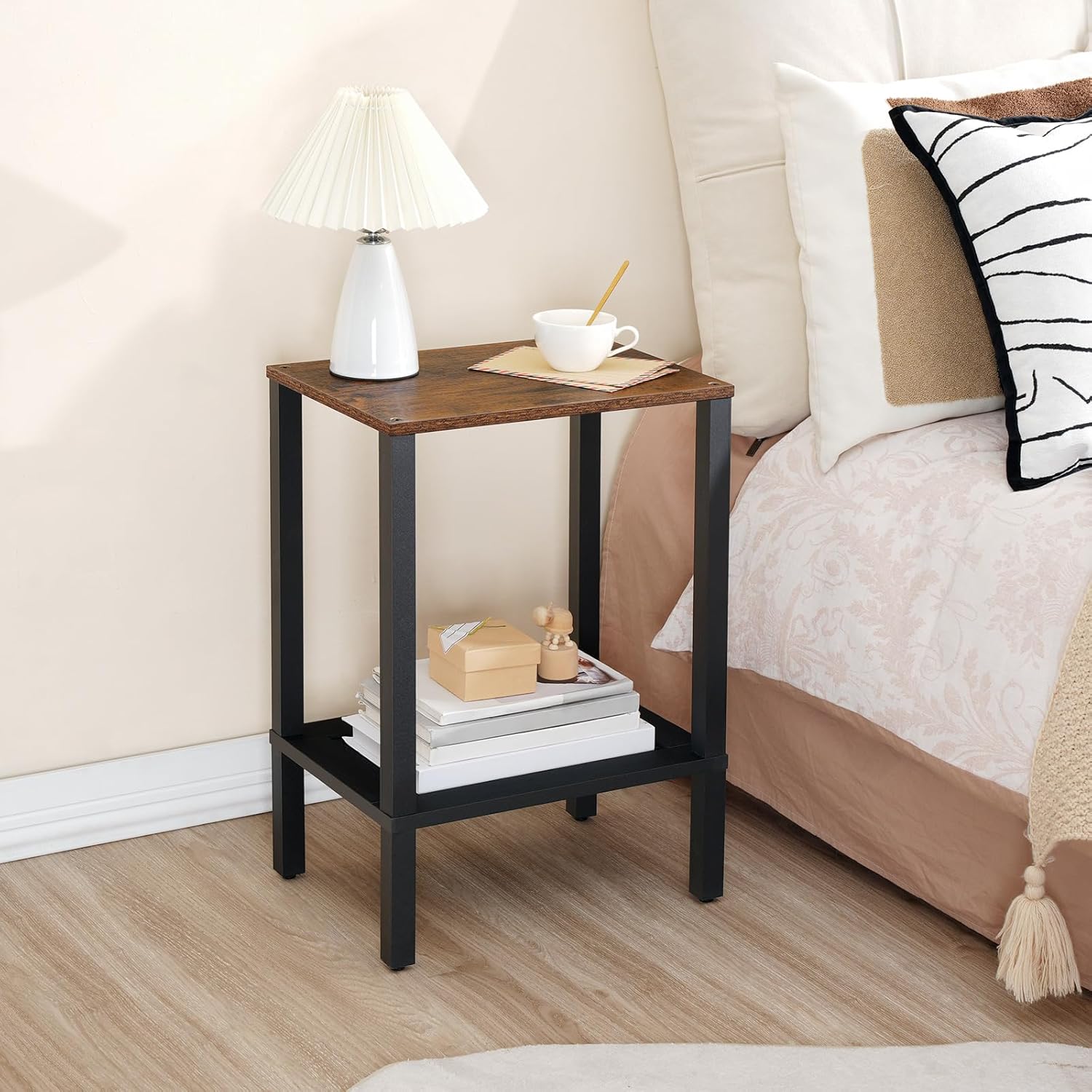 HOOBRO End Table, Small Side Table with 2-Tier Storage Shelves, Nightstand with Faux Rattan Decoration, for Living Room, Bedroom, Rustic Brown and Black BF91BZ01