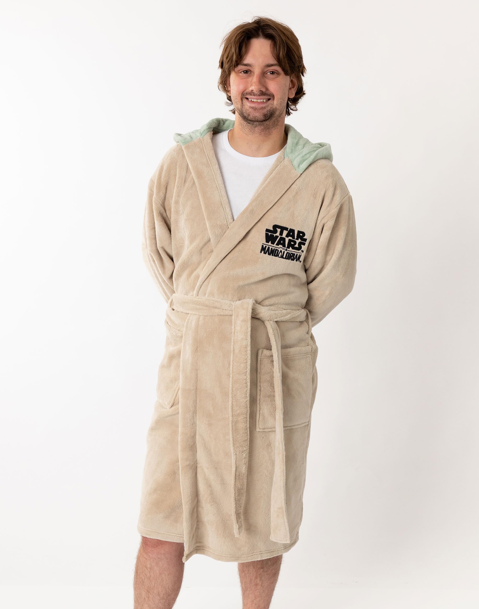 Star Wars Yoda Kapuzenbademantel | Beigefarbener, kuscheliger Fleece-Loungewear für Unisex | Langarm-Krawattenverschluss für Erwachsene | Klassische Film-Merchandise