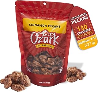 OZARK NUT ROASTERS: Cinnamon-Coated Pecans, Cinnamon Spice Flavored Snacks, World-Class Gourmet Candied Nuts, Resealable Pack (7 oz)