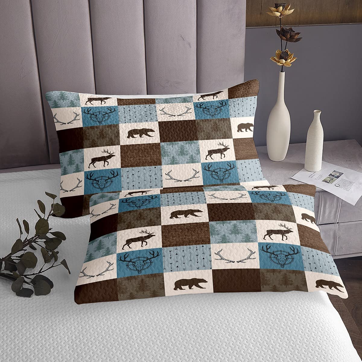 Kołdra na polowanie dzikie zwierzęta, pojedynczy rozmiar, rustykalny niedźwiedź, jeleń, poroże, strzała, patchwork, zestaw dla dzieci, dziewczynek, do sypialni, na przygody na wsi, kampera, dekoracja
