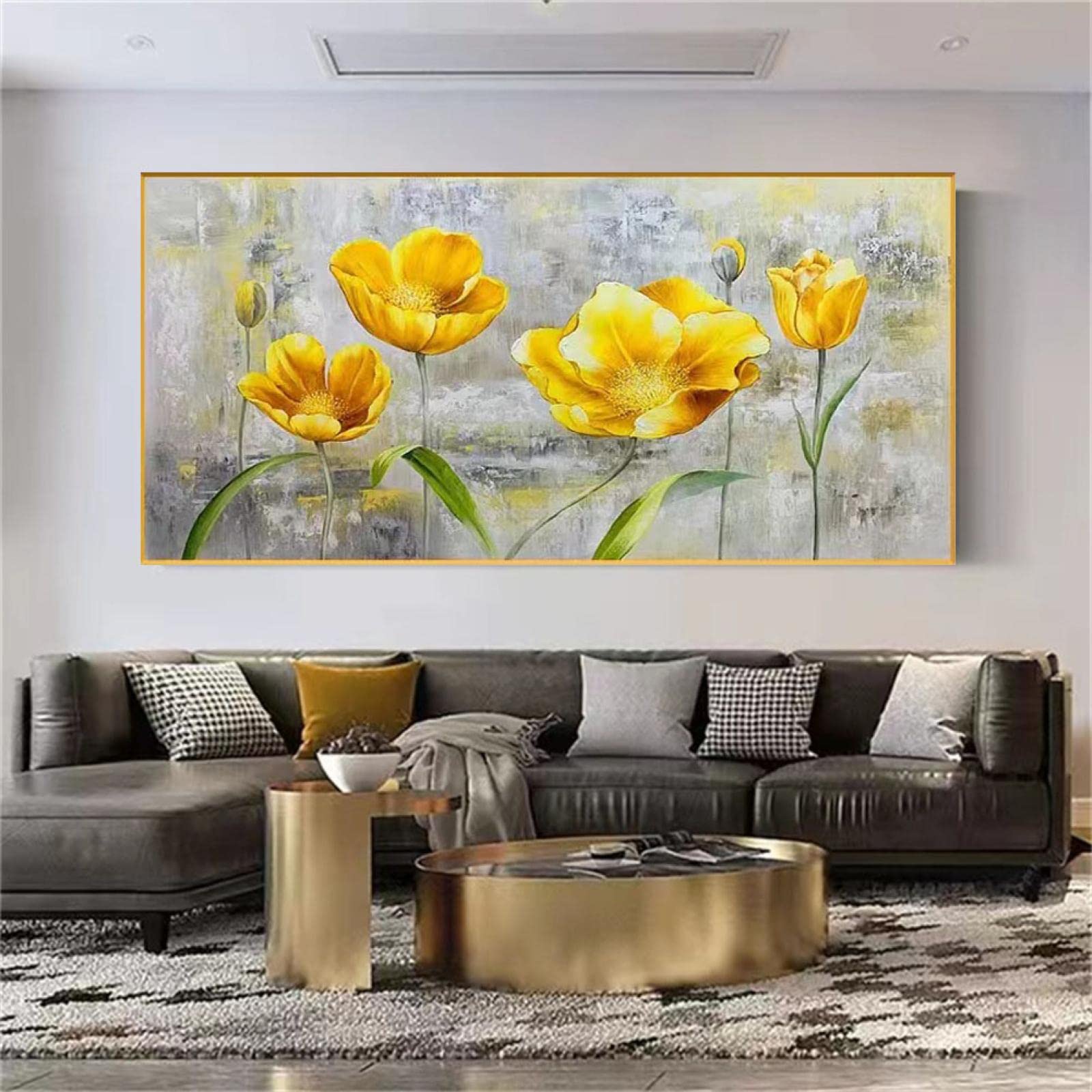 Impresiones enmarcadas de moda Decoración abstracta del hogar para la sala de estar - Pinturas al óleo de flores sobre lienzo Imagen de arte de pared grande 20x40cm (8x16in) con marco
