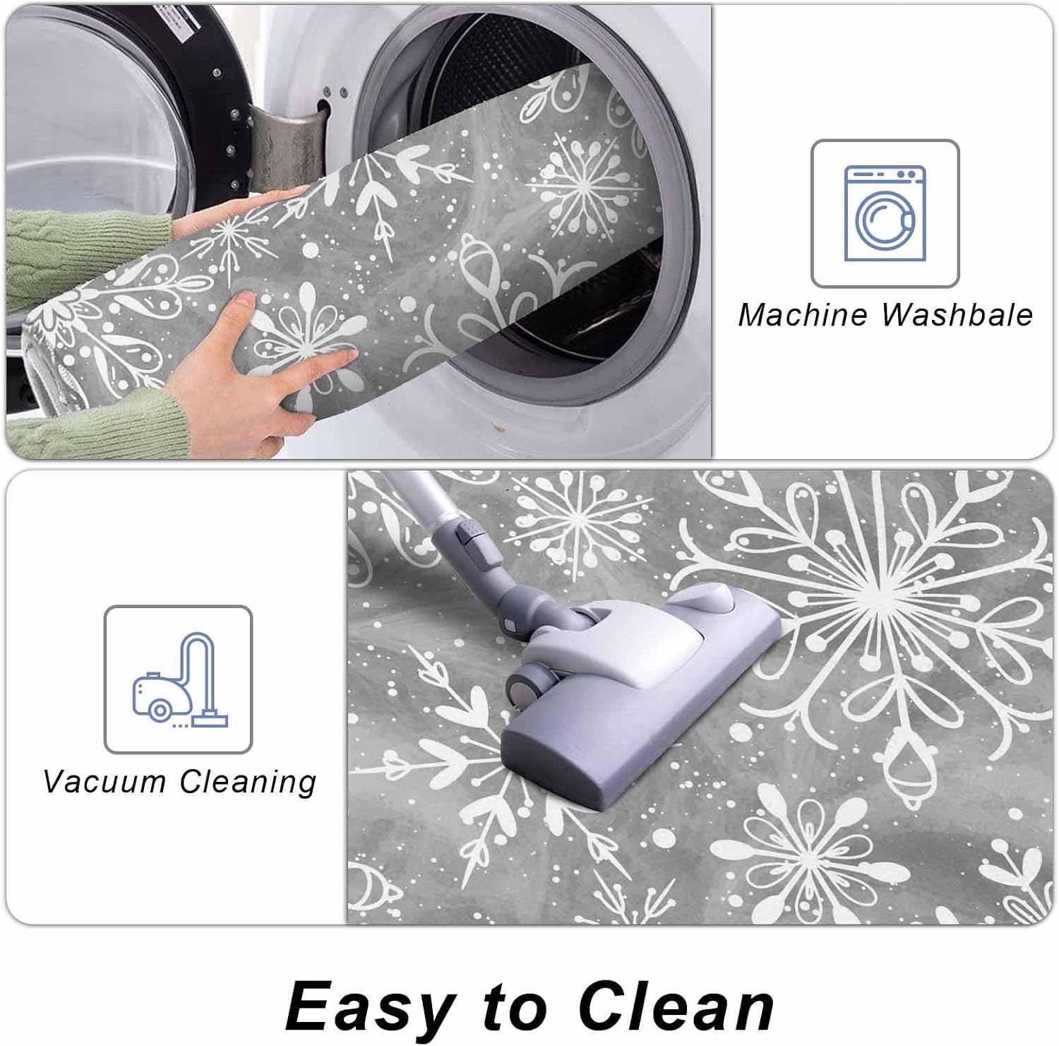 Grey Snowflake Kitchen Rugs Set of 2,Christmas Winter Festival Xmas Modern Bath Shower Door Welcome Runner Area Rug Mat Carpet for Bedroom Bathroom Living Room Accent Throw Desk Rug,16"x 24"+ 16"x 47"