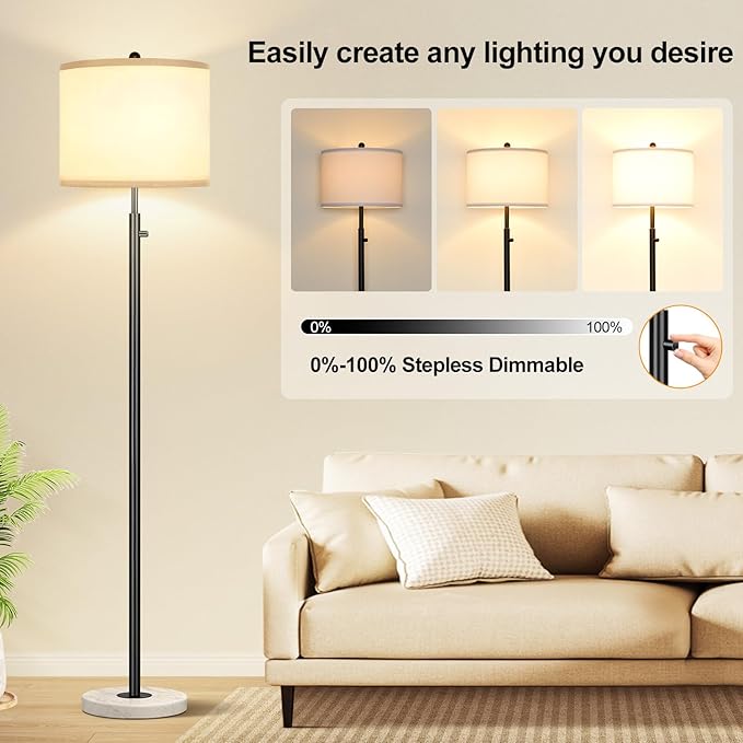 Nintiue Nintiue Dimmable Floor Lamp for Living Room, 11W LED Bulb Included, Modern Standing Lamp with Marble Base, Tall Pole Light with White Linen Shade for Bedroom Reading Office Corner Nursery-Black photo 3