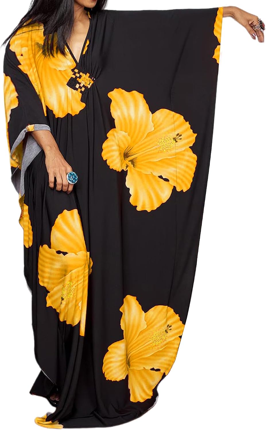 Bsubseach Moo Moos Kaftan Dresses for Women Floral Print Plus Size Swimsuit Coverup Caftan Maxi Beach Dress with Pockets