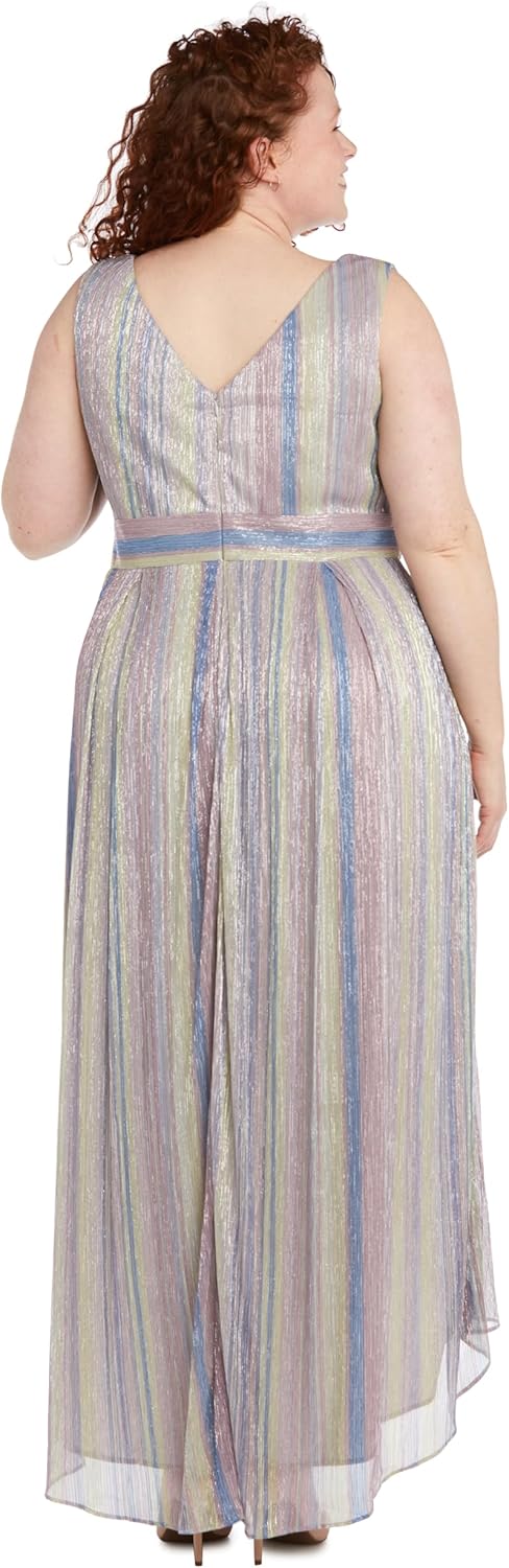 R&M Richards Women's Elegant Metallic Crinkle High-Low Gown | Flowy Sleeveless Evening Dress W/Rhinestone Waistband & V-Neck - Image 6