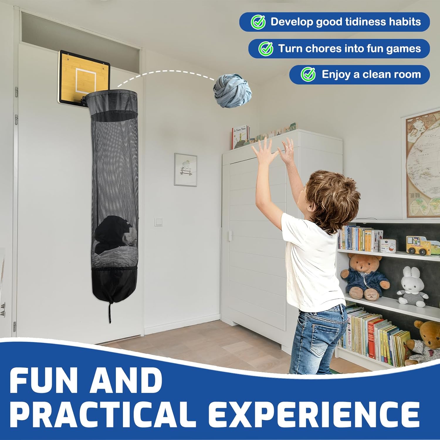 Wooden Basketball Laundry Hamper, Over the Door Hanging Basketball Hoop Laundry Basket with Drawstring, Space Saving Dirty Clothes Solution for Kids Room, Dorm Rooms, Bathroom