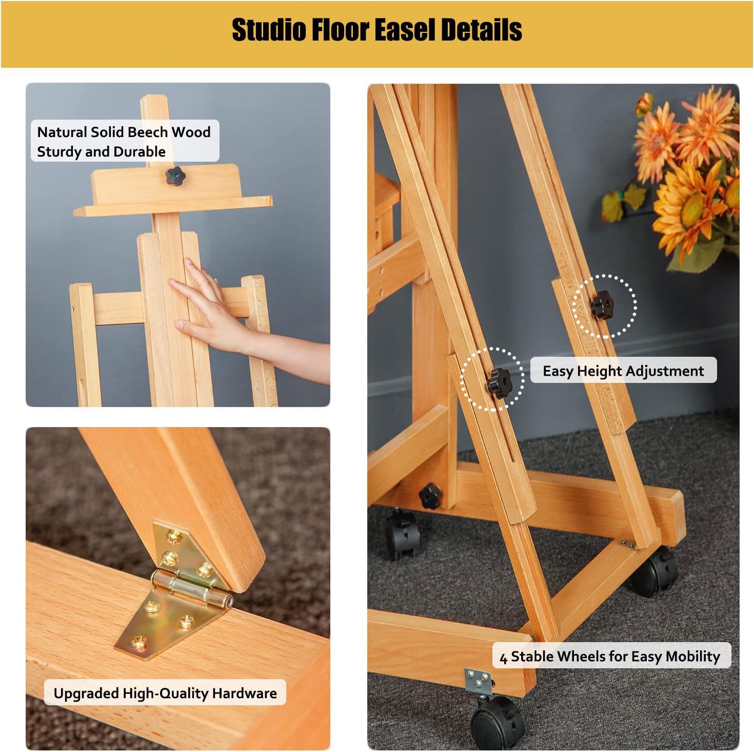Art Easel for Painting, Large H-Frame Standing Studio Painting Easel Tilting Flat Adjustable with Wheels for Adults Artist, Can Holds 2 Canvases
