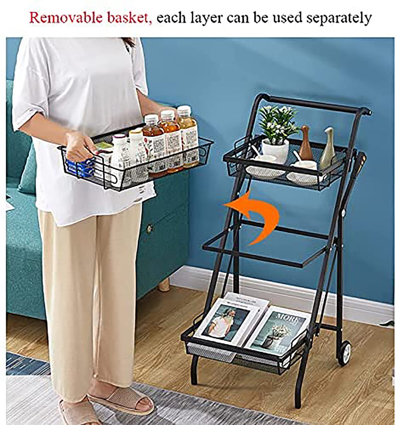 Carrito de almacenamiento de metal de 3 niveles con ruedas, carrito plegable para cocina, baño, oficina, lavandería, color negro