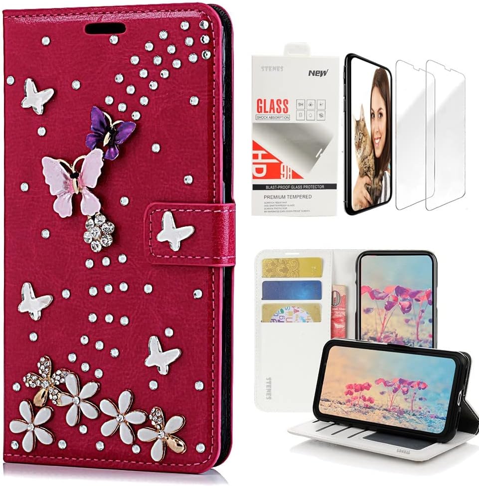 STENES Bling Wallet Phone Case Compatible with LG G8X ThinQ - Stylish - 3D Handmade Heart Pendant Flowers Design Leather Cover with Screen Protector [2 Pack] - Red