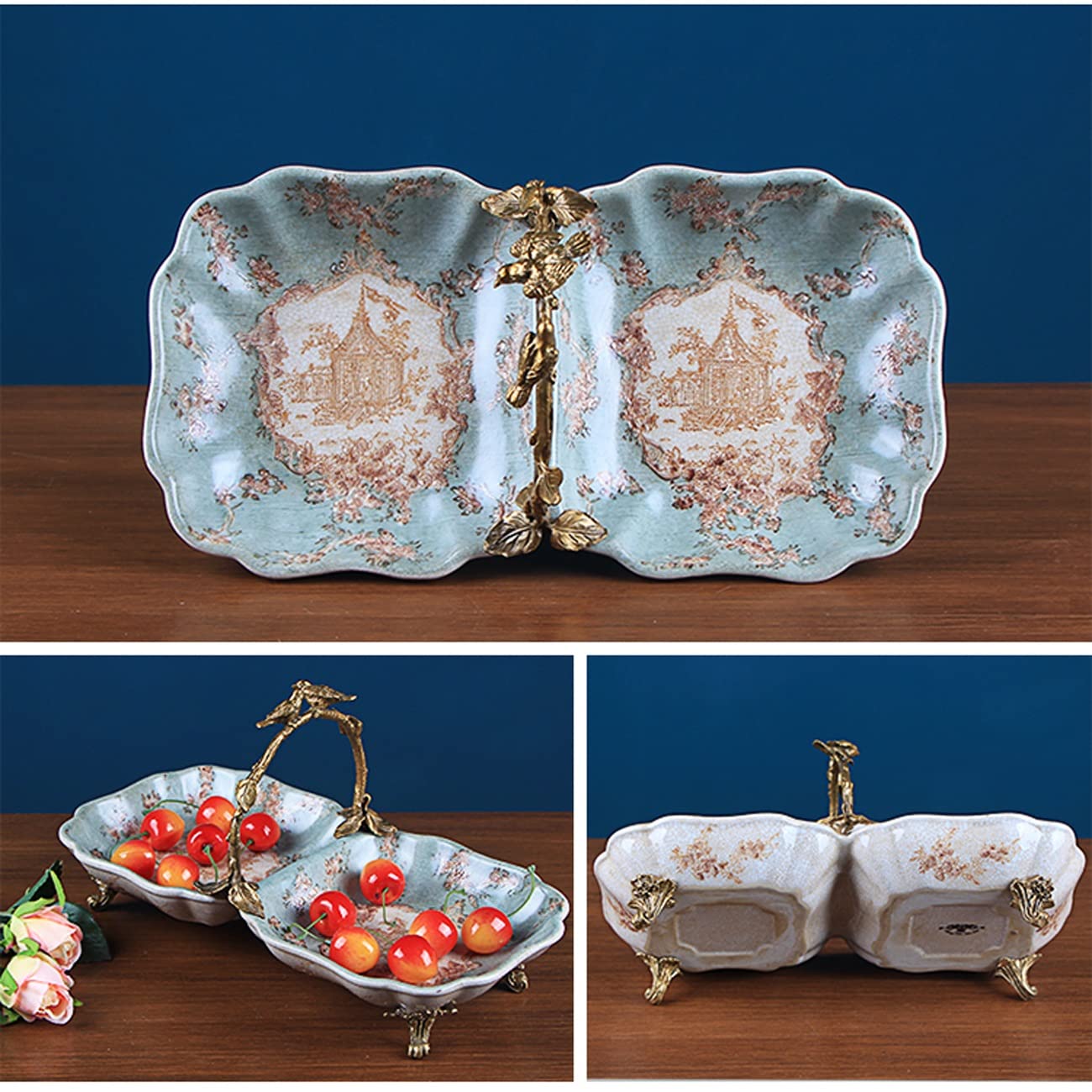 ceramiczna miska na owoce, Przenośny kosz na owoce, suszone przekąski z 2 siatkami, talerz orzechami cukierkowymi mosiężnym cokołem, ręcznie malowany, taca dekoracyjna stolik kawowy(Lime)