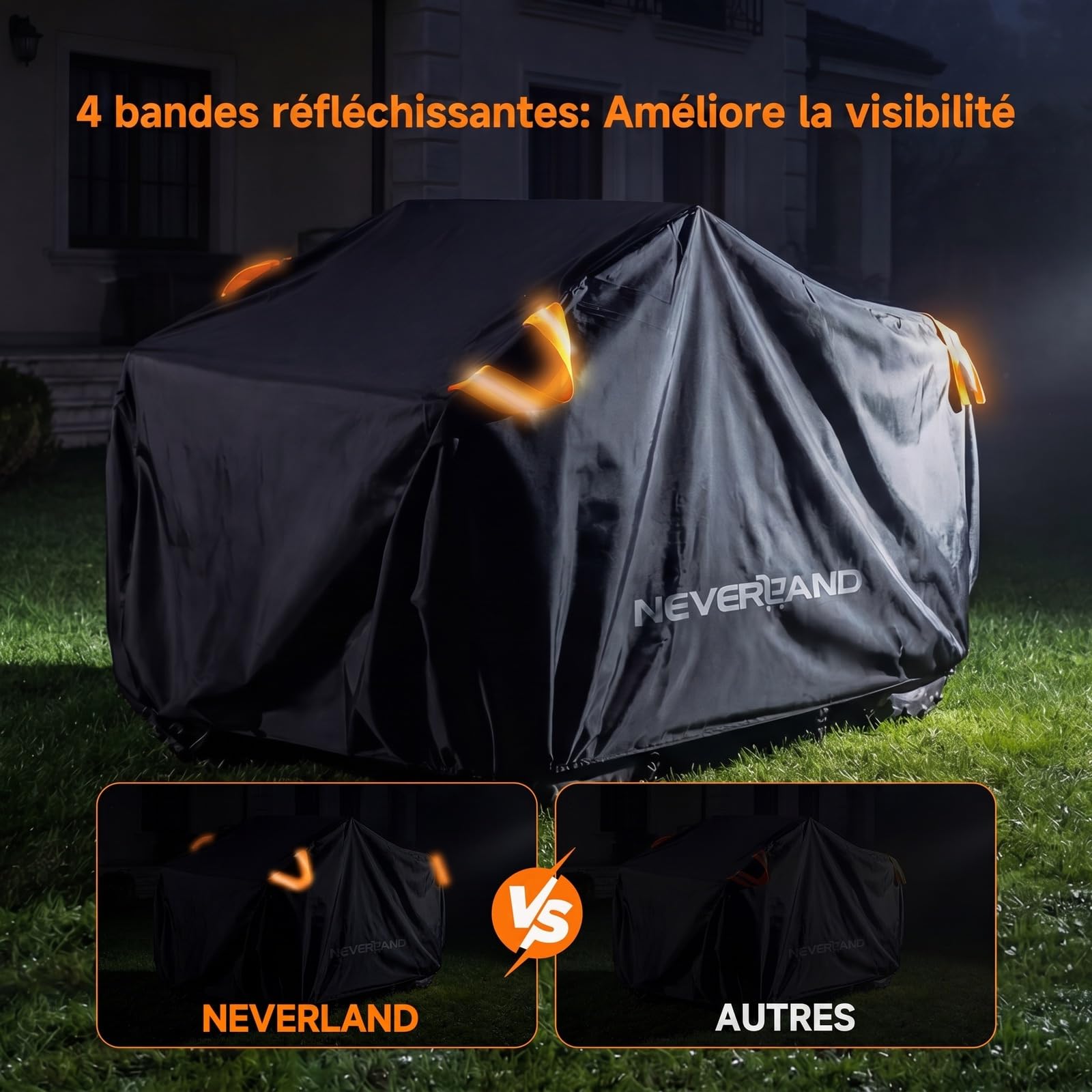NEVERLAND Housse pour Quad ATV Imperméable XXXL, 256 x 110 x 120 cm | Bâche 210D Oxford avec revêtement PU, résistante à la pluie, neige et poussière, avec poignées réfléchissantes et sangle.