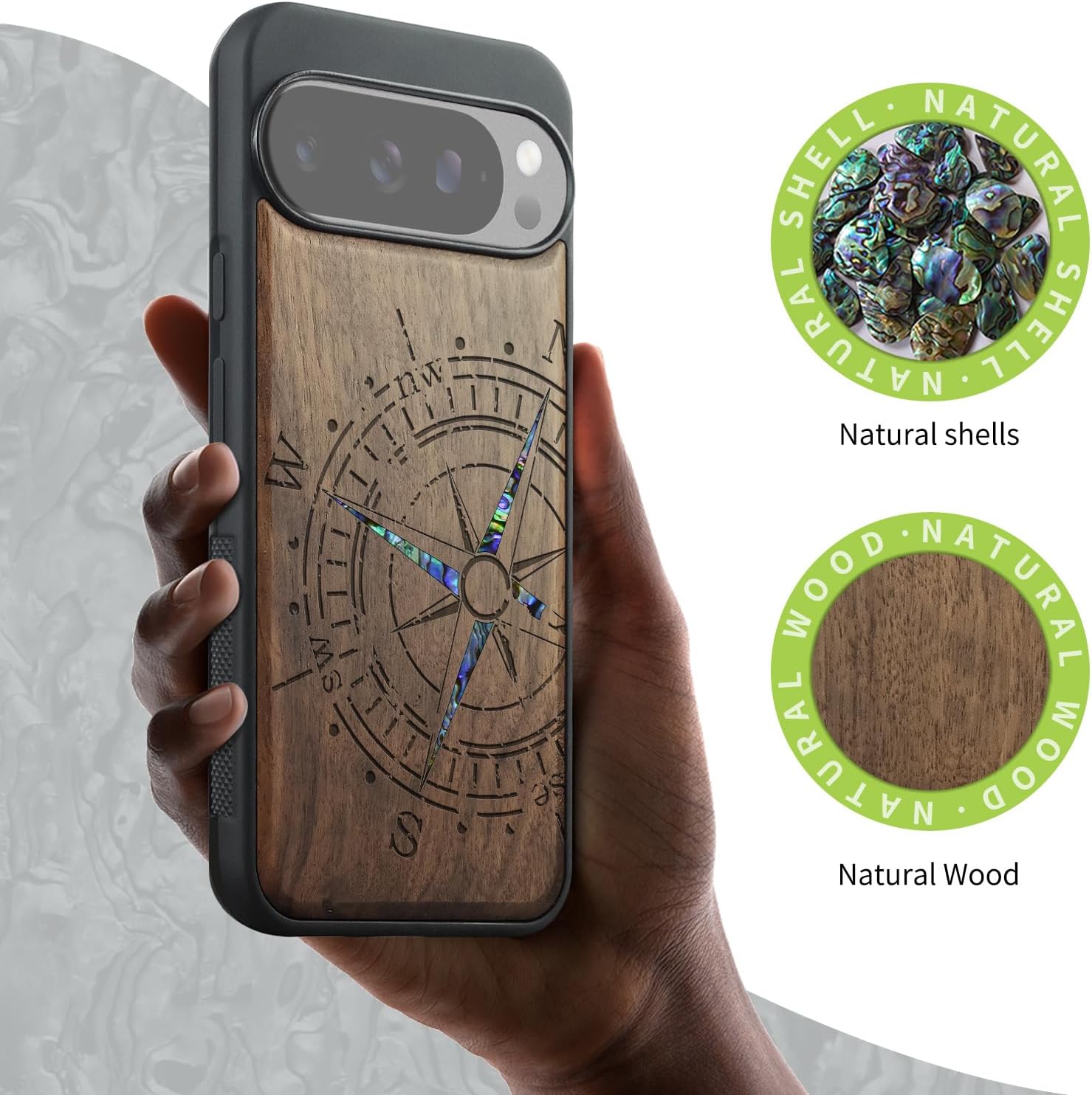 Carveit Magnetic Wooden Case for Pixel 10 / Pixel 10 Pro Case, Wood Artisan Engraved & Handmade Shell Inlaid, Compatible with MagSafe Wireless Chargers, Incomplete Compass - Walnut