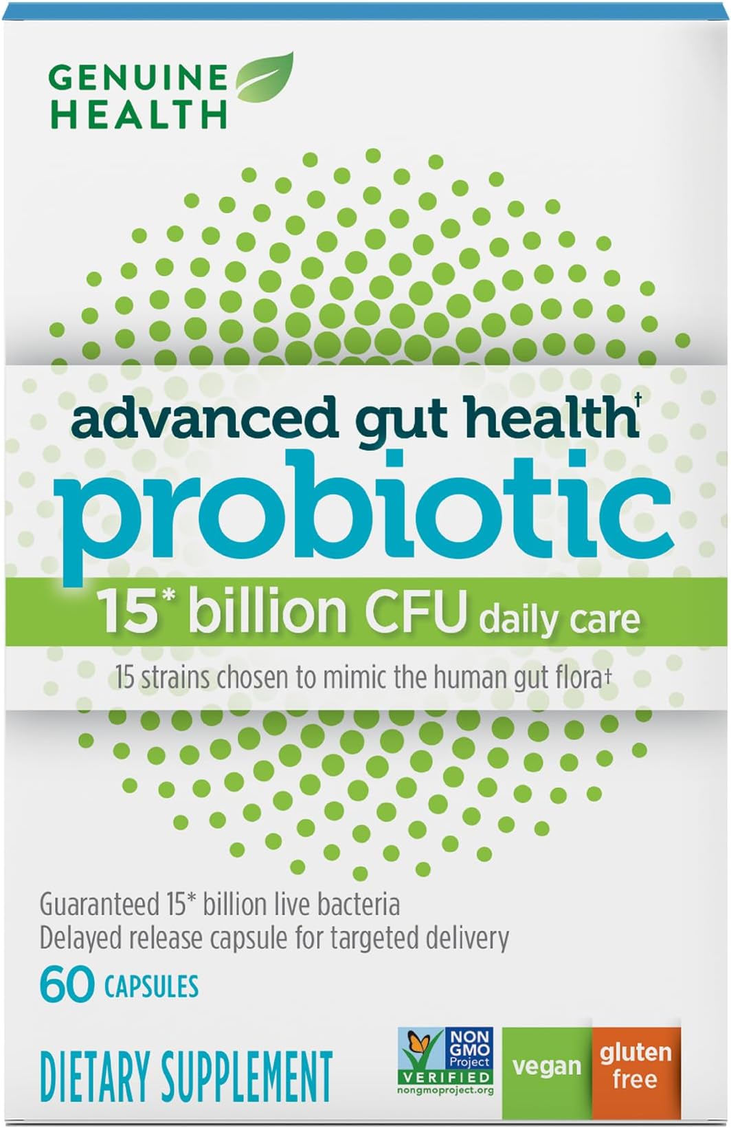 Genuine Health Advanced Gut Health Gentle-Care Probiotic, Helps Promote Digestive, Gastrointestinal & Gut Health, Multi-Strain Formula, 60 Capsules