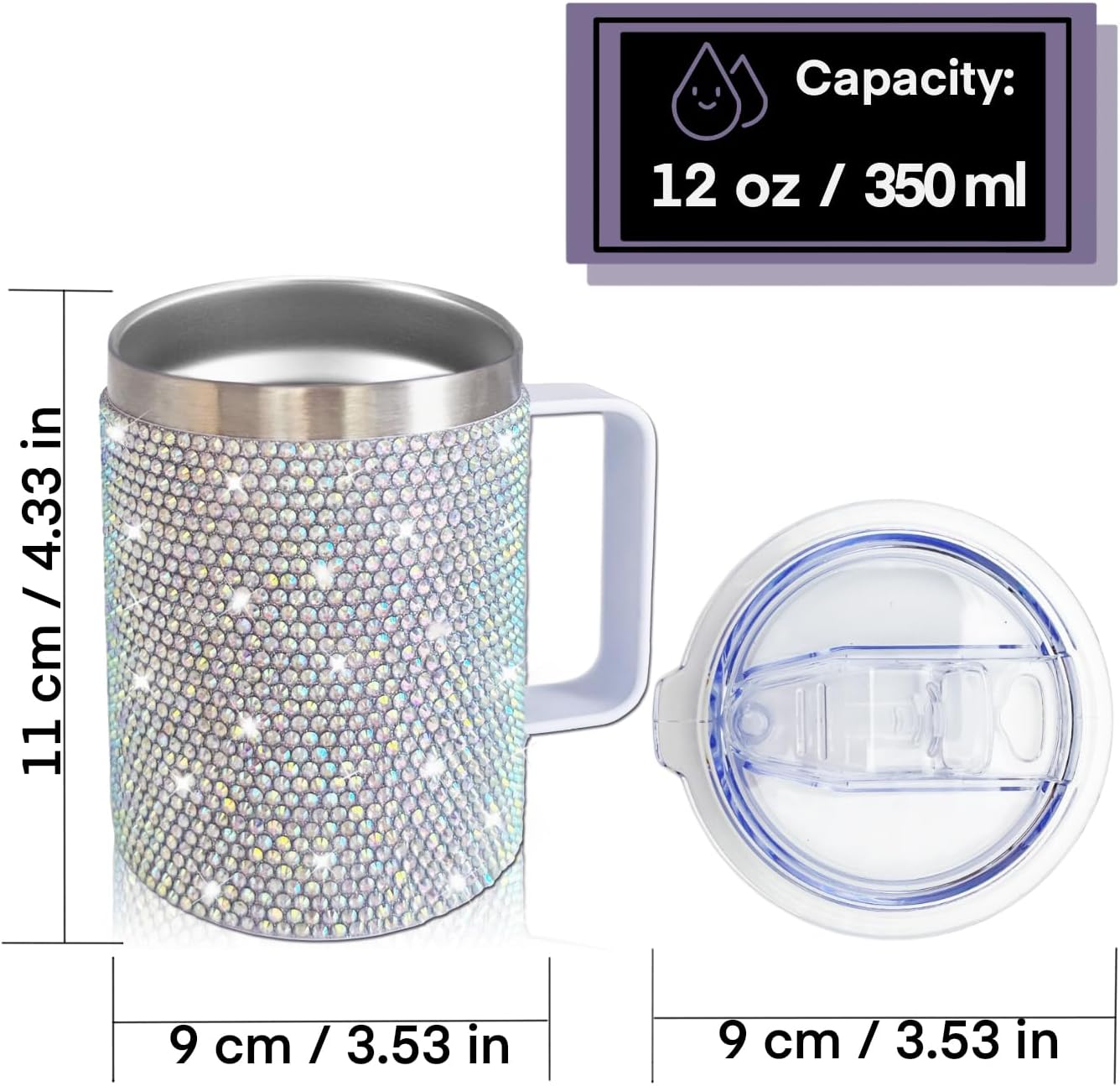 12oz Bling Travel Coffee Mug with Handle and Lid Rhinestone Insulated Coffee Mug Stainless Steel Vacuum Reusable Glitter Coffee Tumbler Thermal Cup for Home and Office (Northern Light) - Image 4