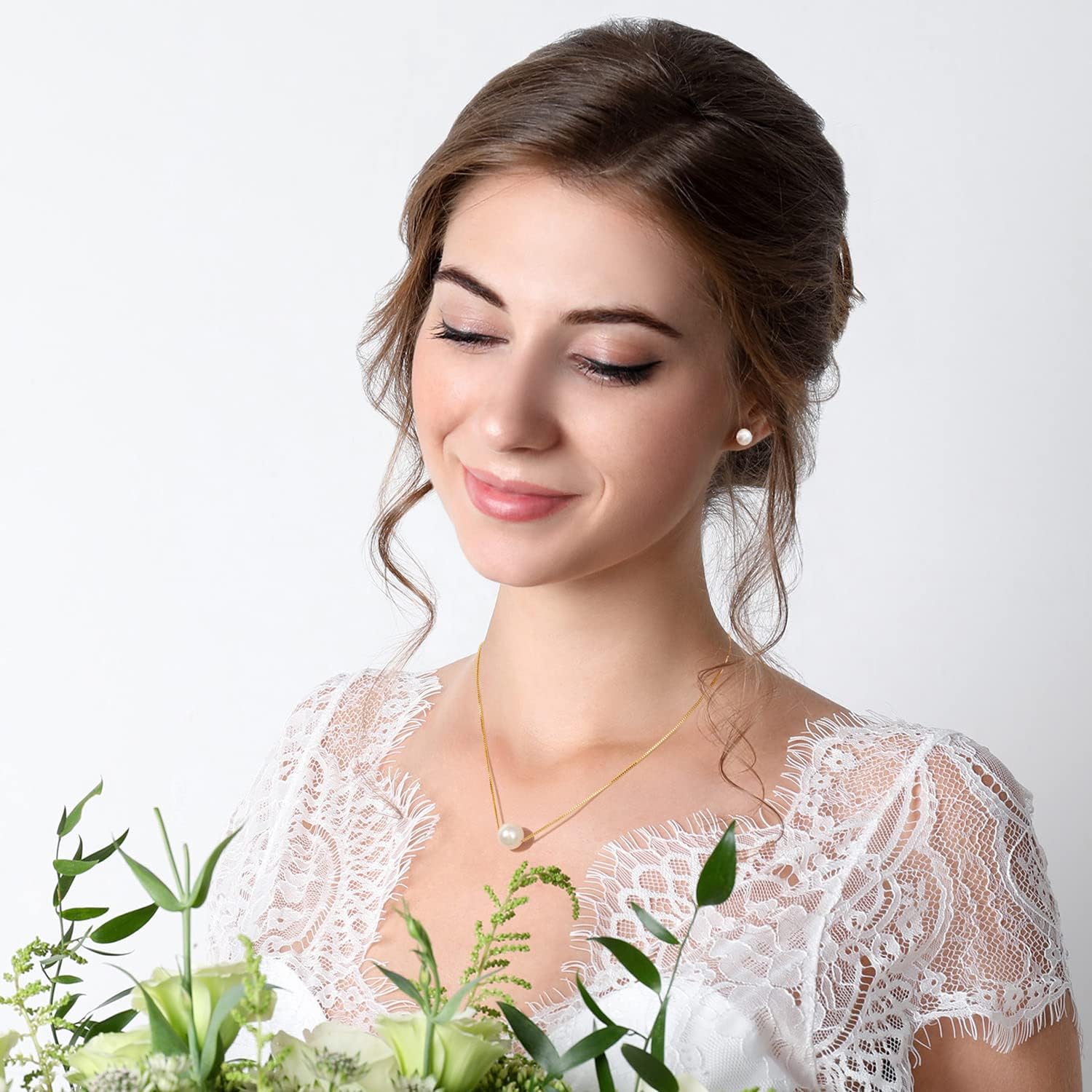 Single Pearl Necklace Earrings Set for Women,Classic Pearl Jewelry Set Gifts for Weddings,Birthday,Anniversary - Image 2