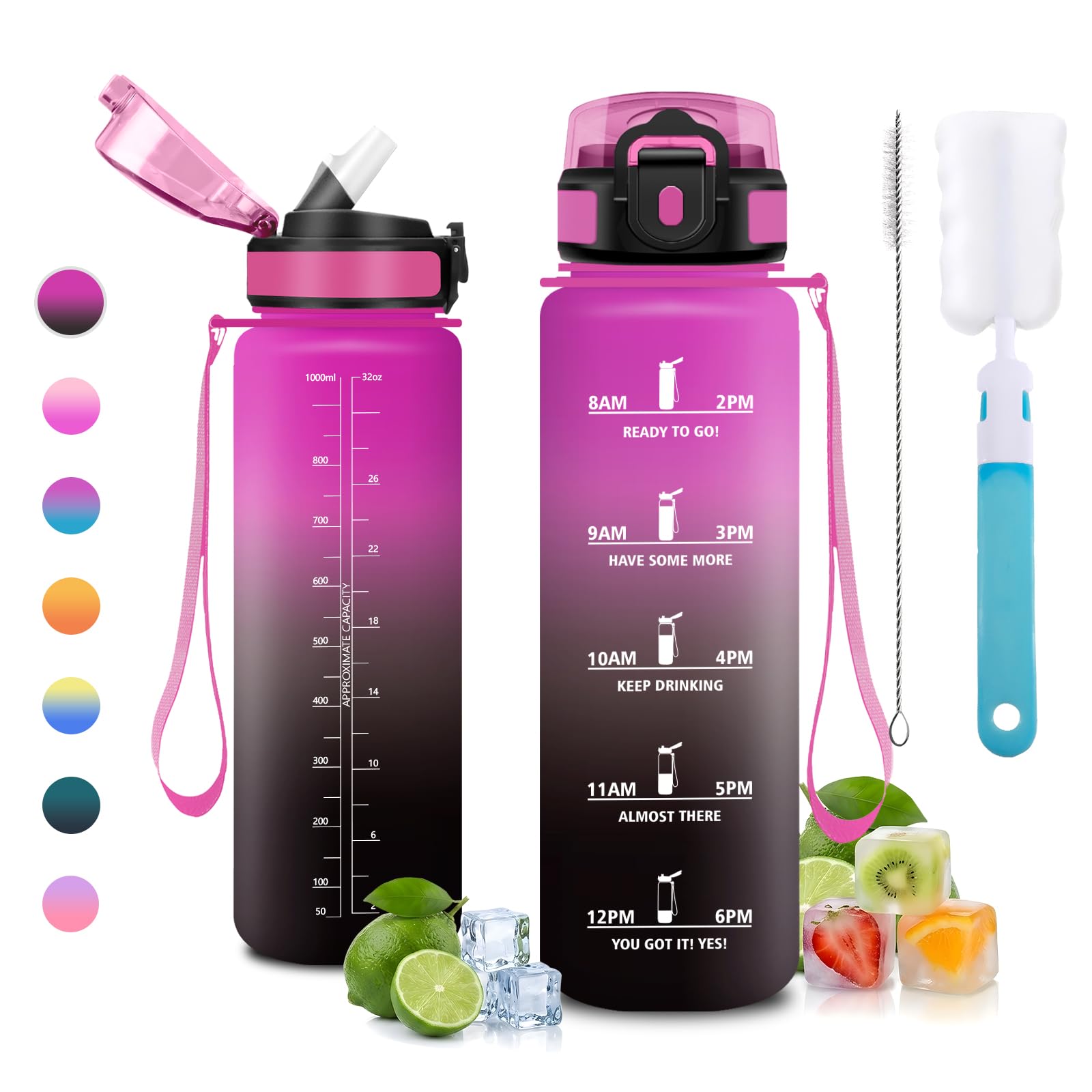 JAPORIA 1L Water Bottle with Straw Water Bottle with Time Markers Reusable Leak Proof Water Bottles for School, Camping, Travel