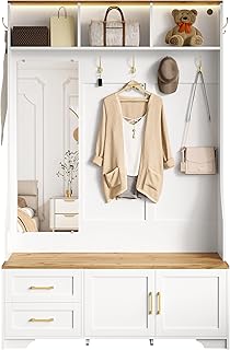 Juego de perchero de pared con espejo y ganchos para pasillo, salón, 120 × 40 × 187 cm, perchero de pasillo con 2 cajones y 2 puertas, color madera+blanco